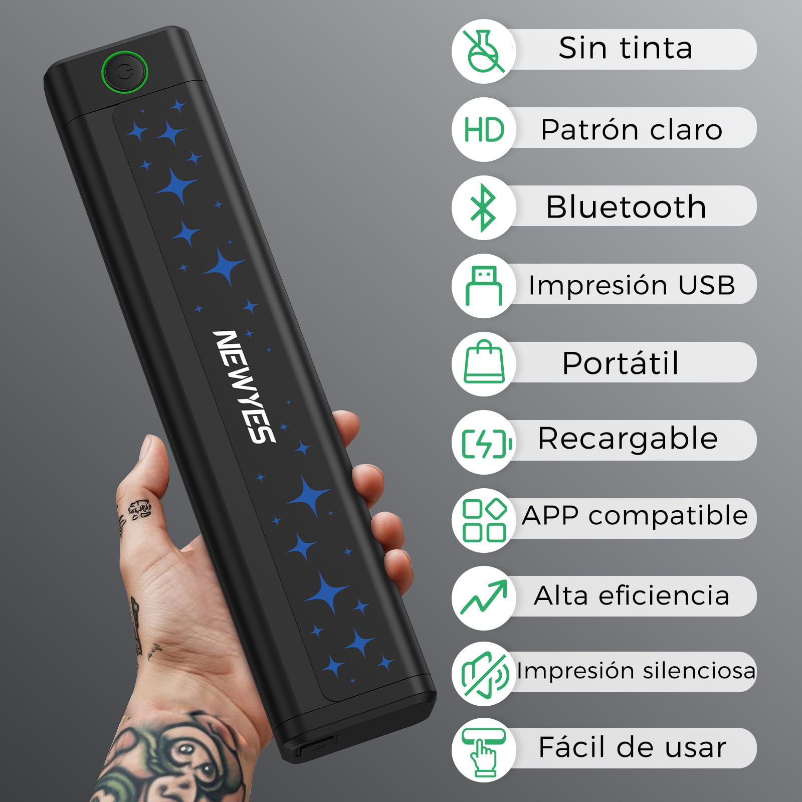 NEWYES Termocopiadora Tattoo, Impresora Térmica Portátil con 10 Hojas de Papel Transfer, Máquina de Tatuaje para Artistas y Principiantes, Impresión Mate Clara, Compatible con Móvil, Tablet y PC