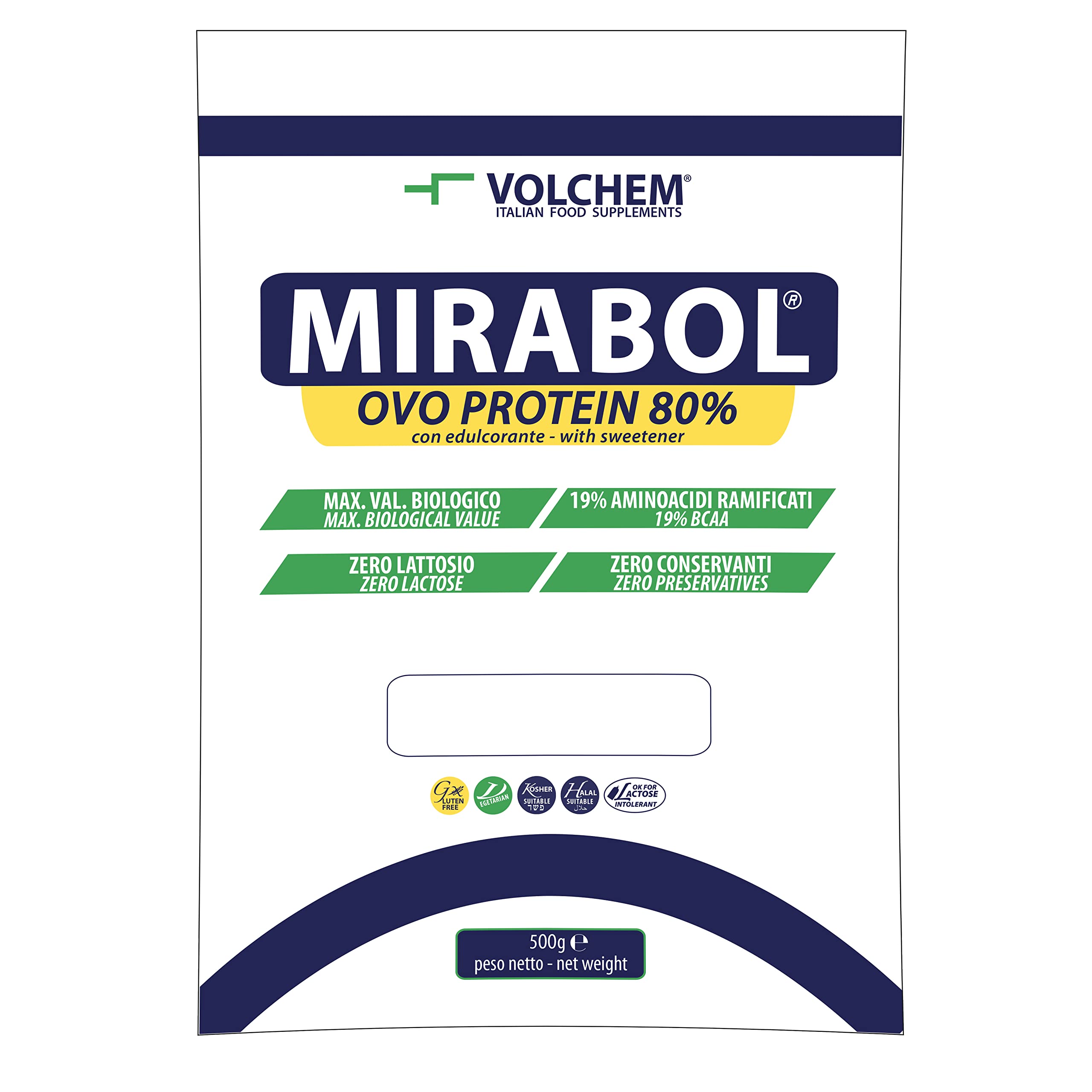 Volchem Mirabol Ovo Protein 80, Integratore Alimentare con Proteine dell'Uovo, 80% Purezza, 19% Aminoacidi Ramificati, Senza Lattosio e Conservanti, Busta con Polvere Solubile, Gusto Crema, 500 g