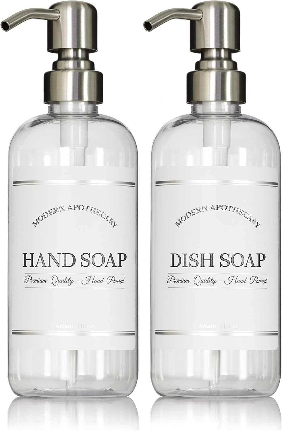 Clear Refillable Hand and Dish Soap Dispenser Set with Pumps for Kitchen Sink - PET Plastic Soap Bottles Refillable with Pump - Waterproof Labels - 16 oz, 2 Pack