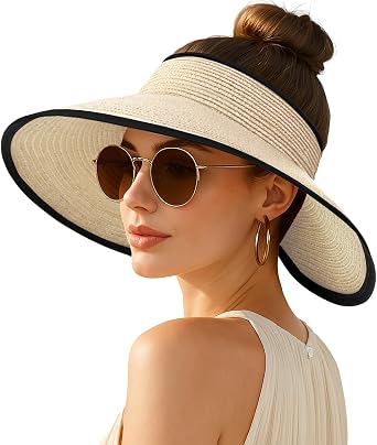 Womens Sun Visor Hats Wide Brim Straw Beach Hat Ponytail Hats for Women Foldable Floppy