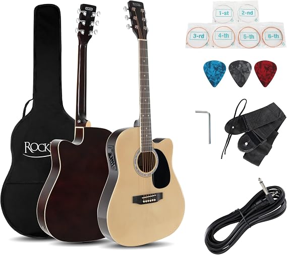 rocktile wsd-8ce-nt slim line western guitar set - dreadnought acoustic guitar - western guitar with pickup in set including bag strap cable replacement strings and plectrums - natural