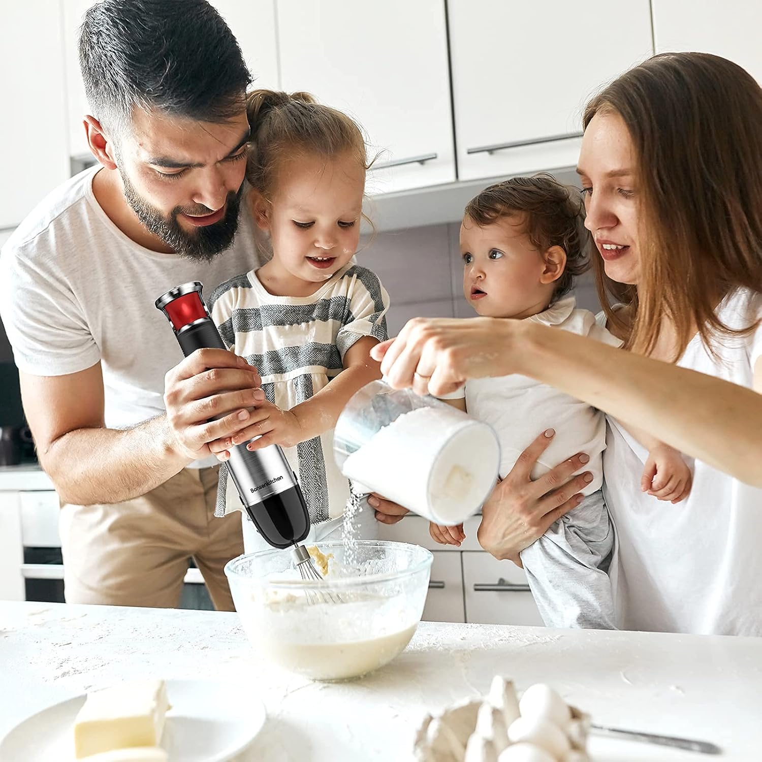 Bonsenkitchen Hand Blender, 4-in-1 Immersion Multi-Purpose Smart Stick 400W, Stepless Speed Control and Turbo Mode, 304 Stainless Steel with Whisk, Chopper/Milk Frother/Measuring Cup: Home & Kitchen