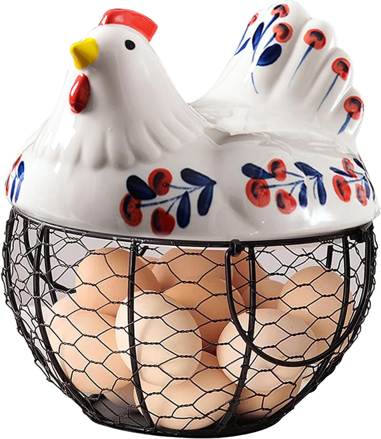 Ceramic Egg Holder, Hollow-Out Wire Chicken Egg Holder with Chicken Shaped Lid, Non Slip Basket Countertop with Handle for Gathering Fresh Eggs.