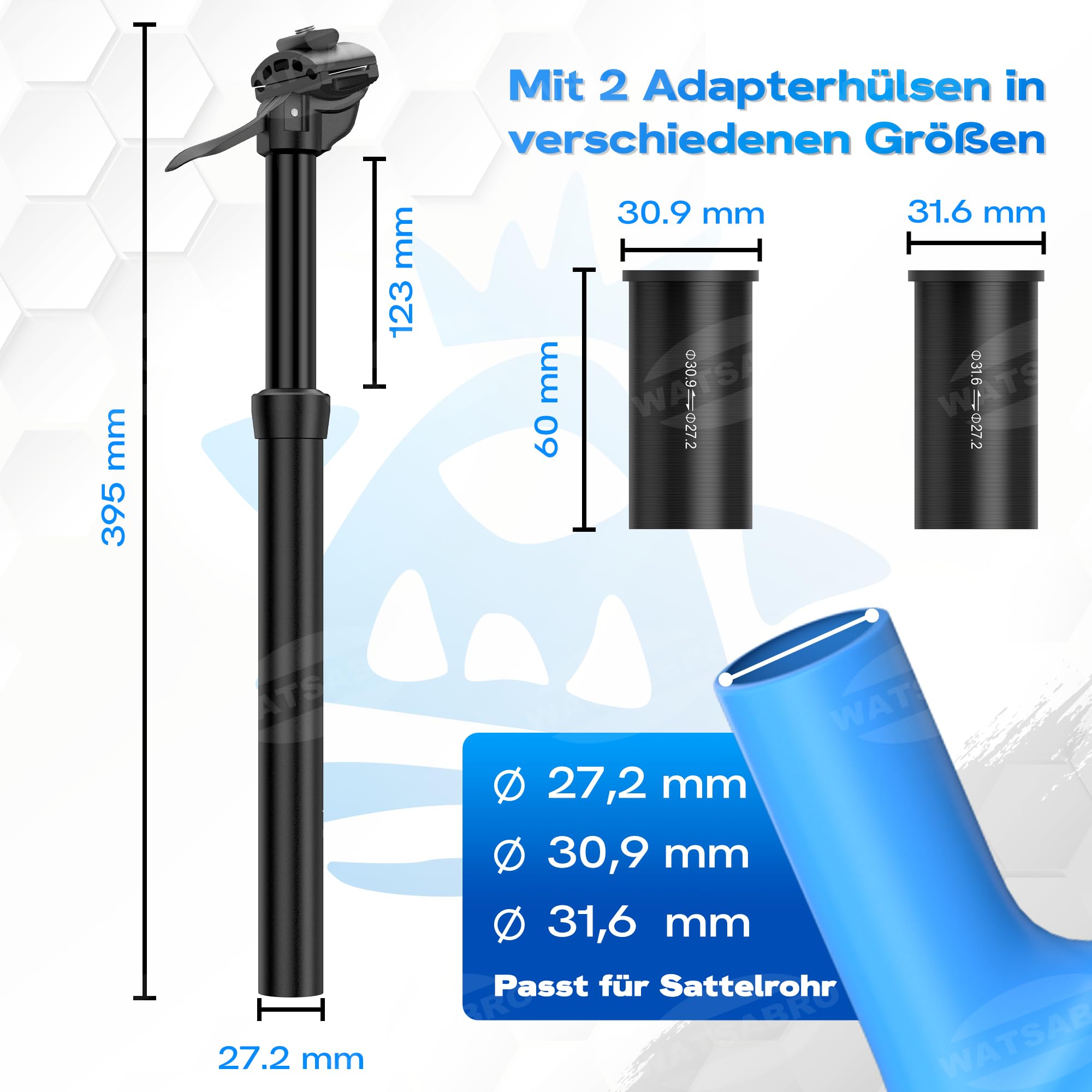 WATSABRO Sattelstütze Gefedert mit Hydraulik-Dämpfung | Hydraulische Sattelstütze Absenkbar für MTB, E-Bike, Rennrad | Ø 27.2 / 30.9 / 31,6 mm inkl. 2 Reduzierhülsen | Belastbar bis 130 kg