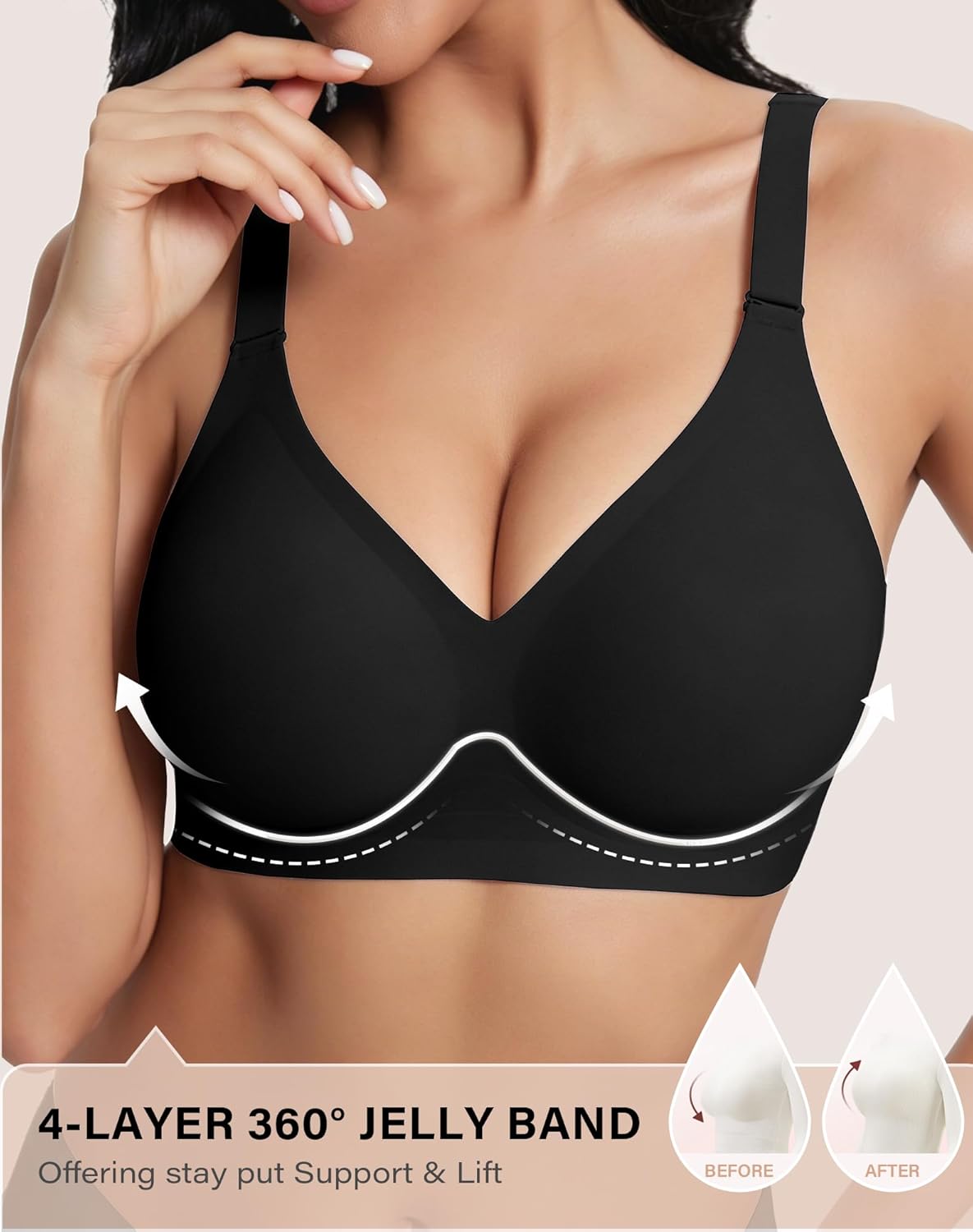 Jelly Bras for Women 2 Pack - Wireless Push Up Seamless Bra V Neck No Underwire Padded Comfortable Tshirt Bralettes