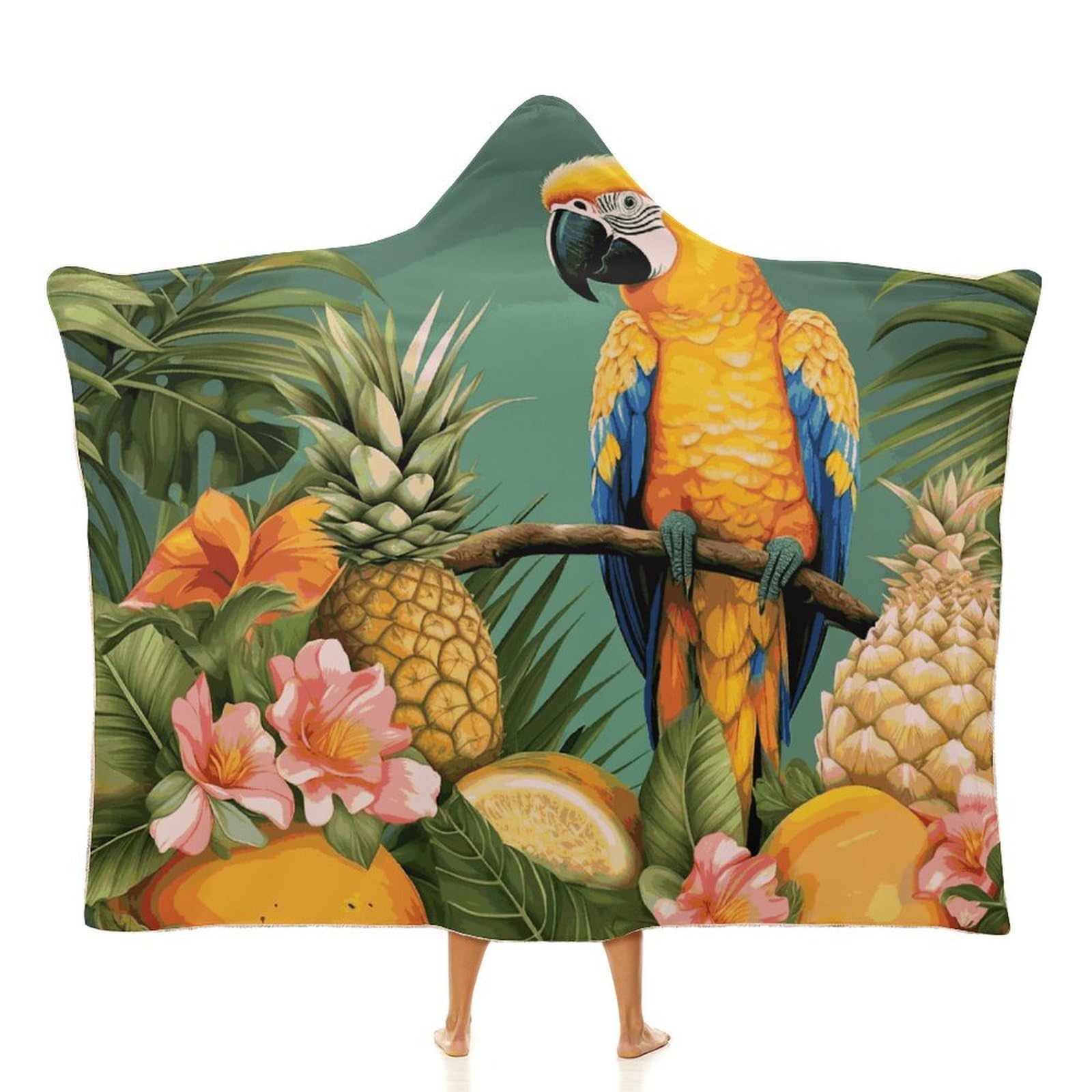 Summer Parrot Pineapple Bird Hooded Blanket Soft Wearable Blankets Cozy Hoodie Throw Cloak Wrap Poncho Cape Blanket 50"x60"