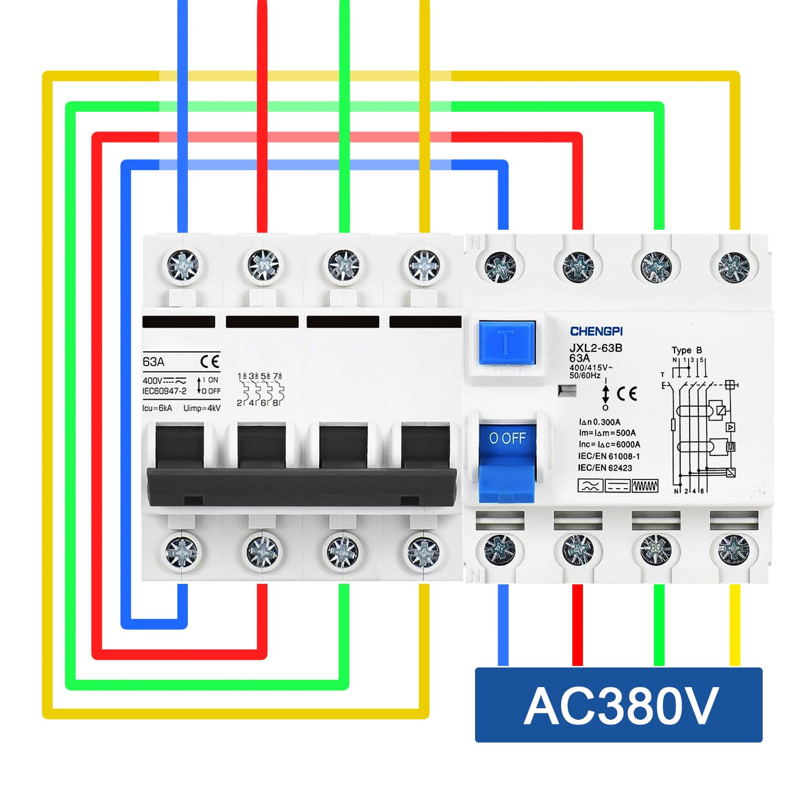 Vollstromempfindlicher FI Schalter,fi Schutzschalter Typ B 63A 300mA /4-Pol/Fehlerstromschutzschalter Allstromsensitiver Schutzschalter