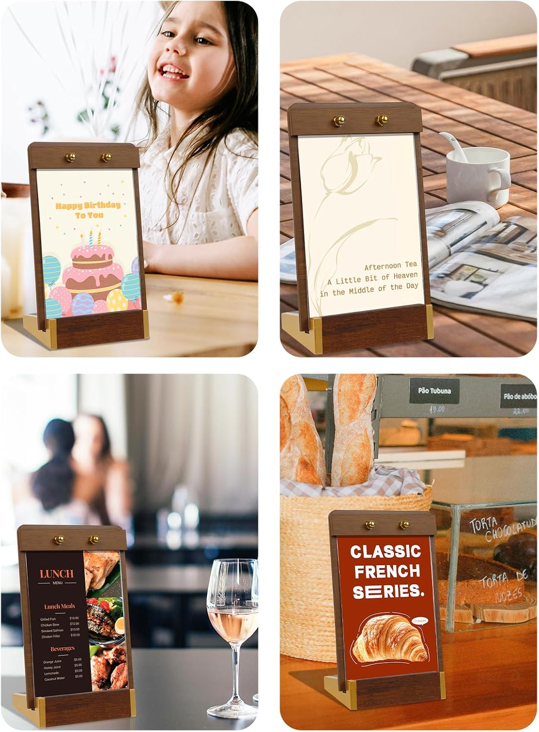 LIANHELILAI 3Pack 4x6 Acrylic Sign Holder Vertical with Wood-color Base | Tabletop sign display frame for menus, flyers, note, Elegant durable and stable, Ideal for cafes, restaurants, hotels stall