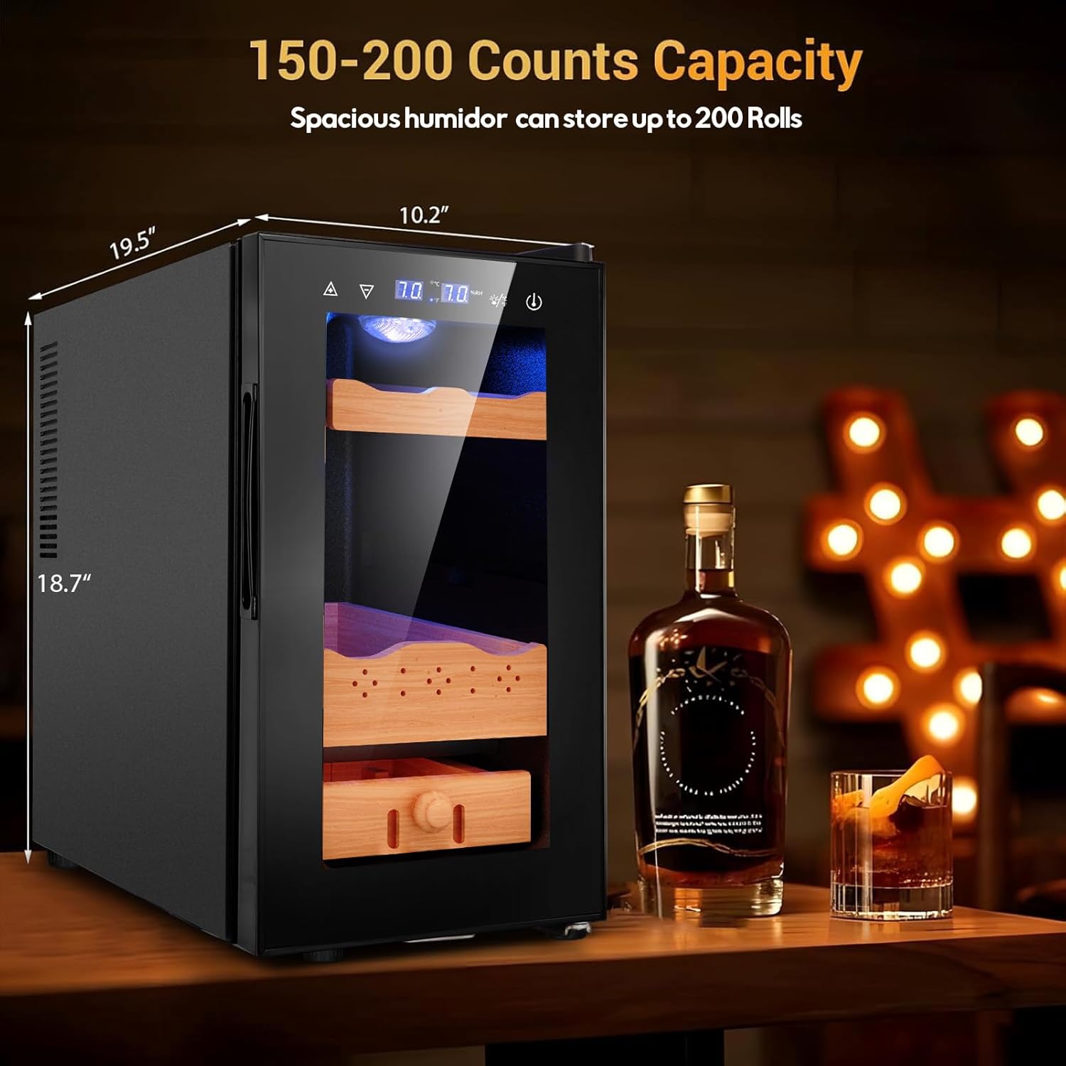 25L Electric Humidor,150 Counts Thermostatic Cooling Humidor Cabinet with Spanish Cedar Wood Shelves, Digital LED Screen, Safety Lock, Gifts for Men