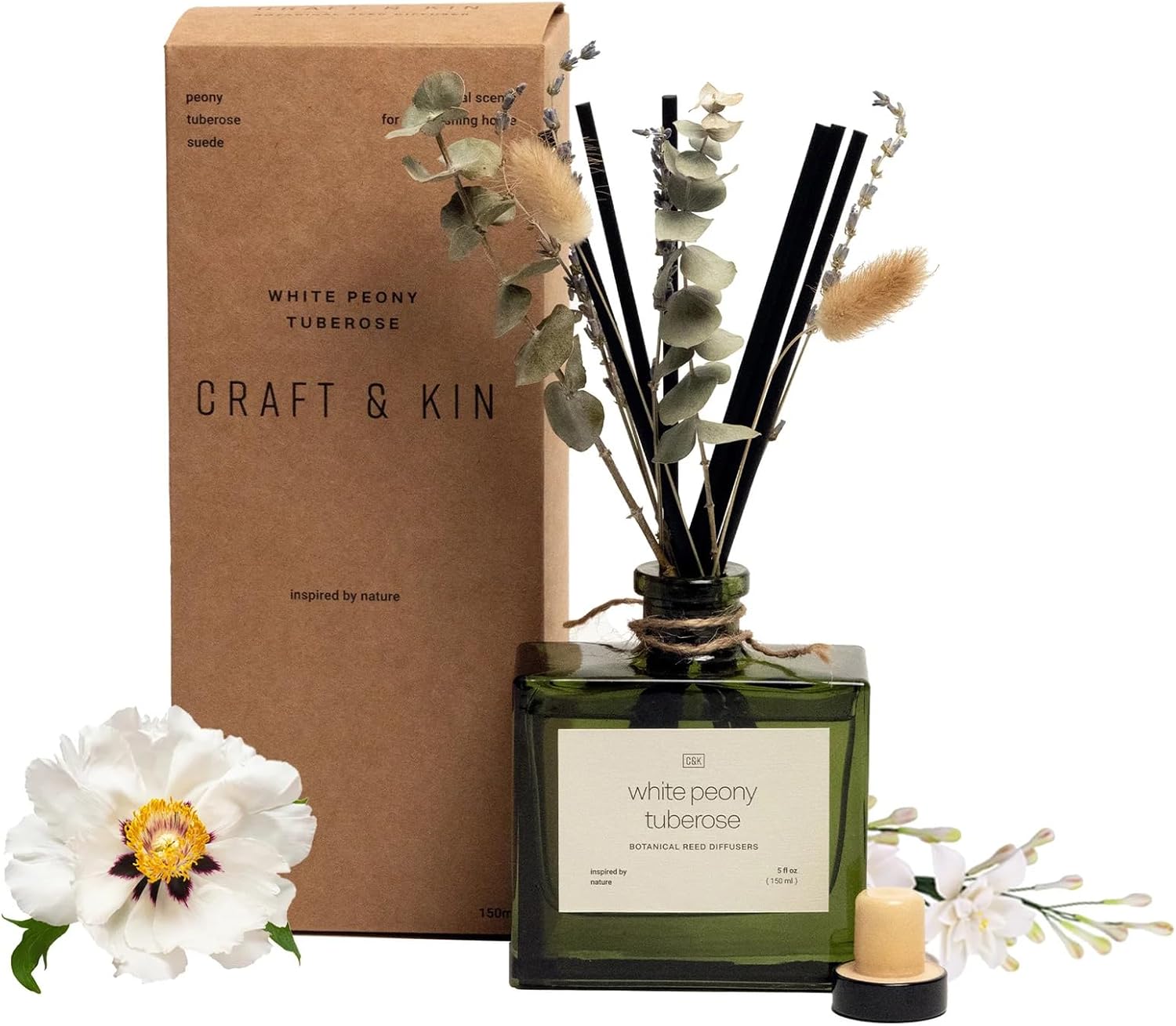Craft & Kin Reed Diffuser with Dried Flowers | 5 oz White Peony & Tuberose Scented Holiday Reed Diffusers for Home, Bathroom | Scent Sticks | Elegant Fragrance Home Decor for Men & Women