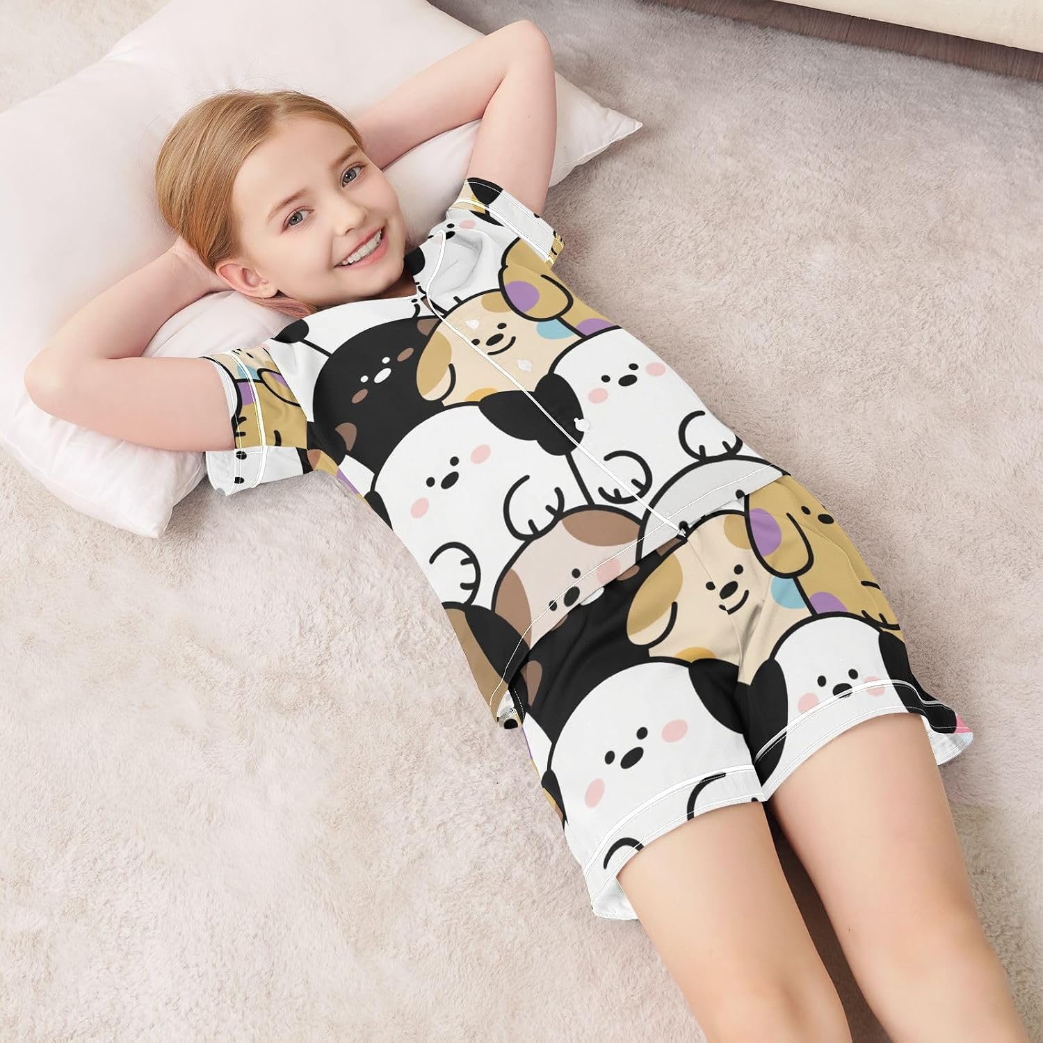 Little Big Boys Pajama Sets Snug-Fit Short Pjs 2pcs Set for Youth Nightwear 5-6Y Cute Cartoon Dog Happy