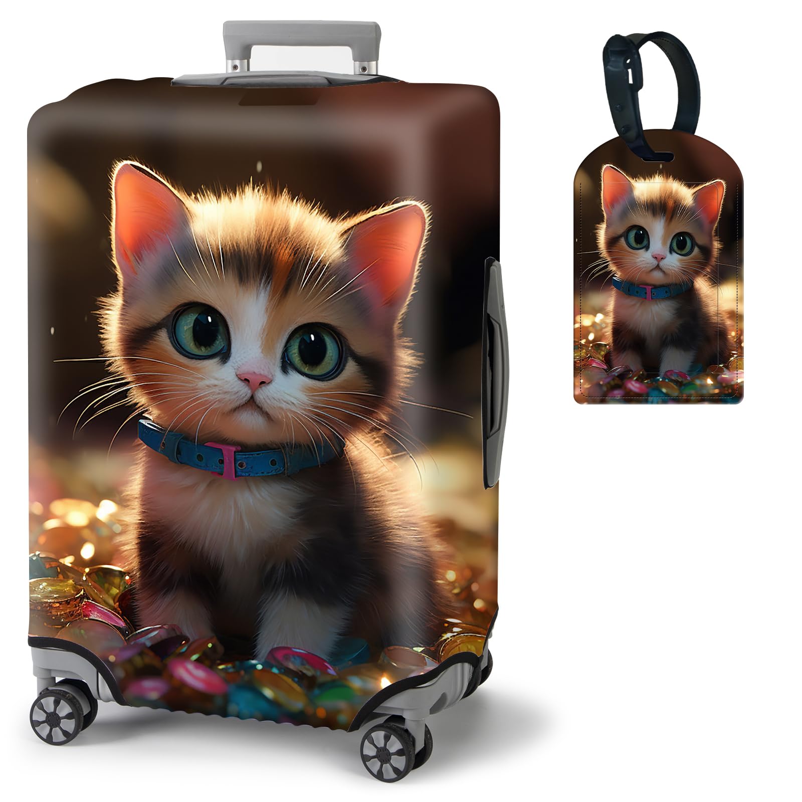 BVDIKMI Cute Kawaii Cat Suitcase Cover Elastic Protective Dustproof Washable Travel Luggage Covers for Suitcase With Cute Baggage Tag (M, Fit 22-24