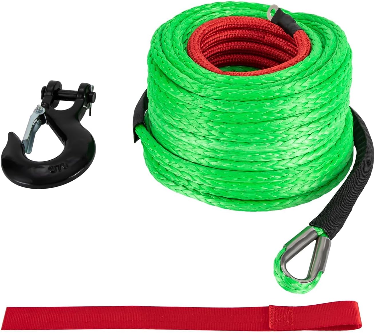 Synthetic Winch Rope, 3/8inch x 100ft Synthetic Rope Winch, 23,809 Lbs Winch Rope Cable Kit Winch Line with Safety Pull Strap and Heavy Duty Forged Winch Hook (Green)