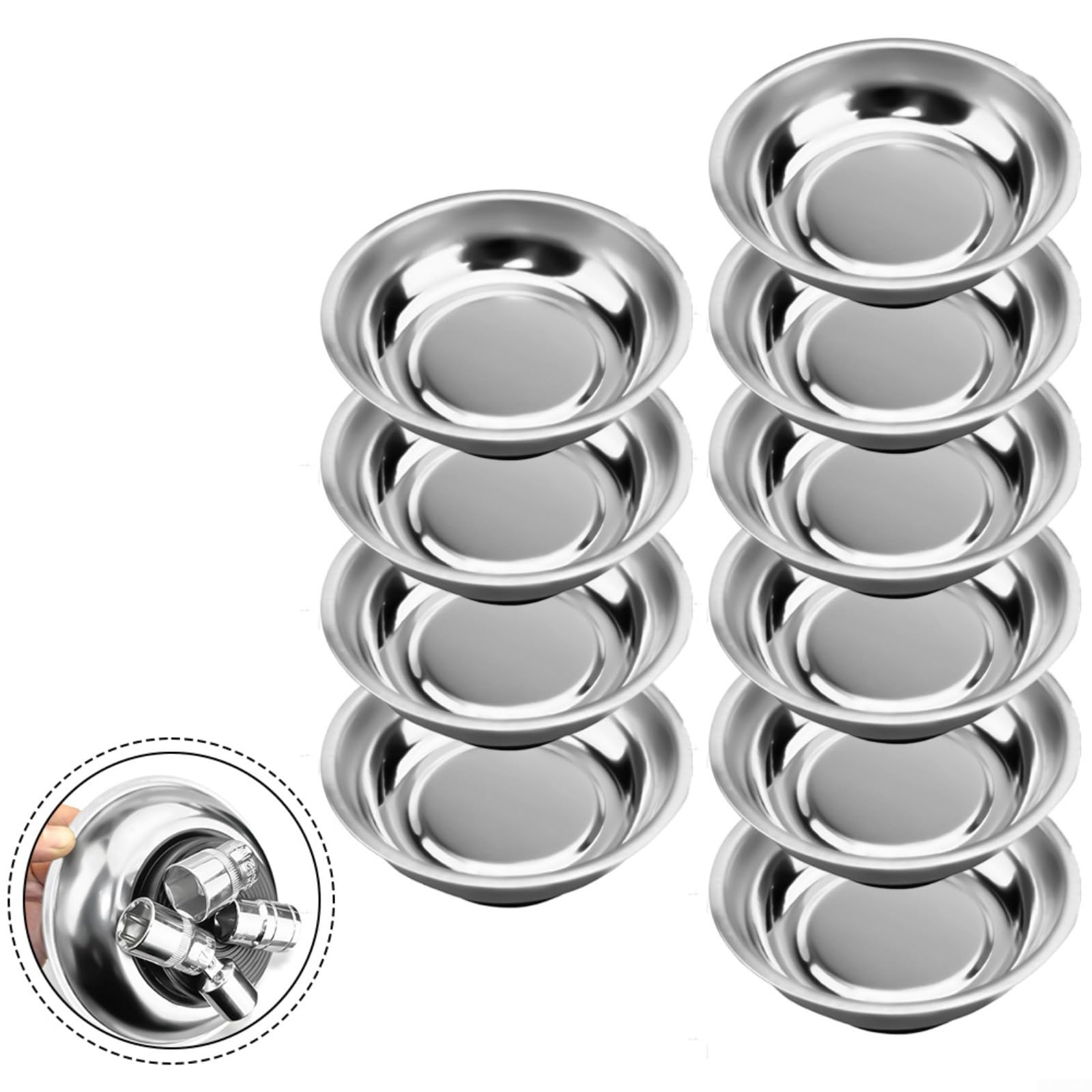 Paquete de 10 bandejas magnéticas de acero inoxidable de 3 pulgadas con base antideslizante para taller, garaje y organización de cajas de herramientas