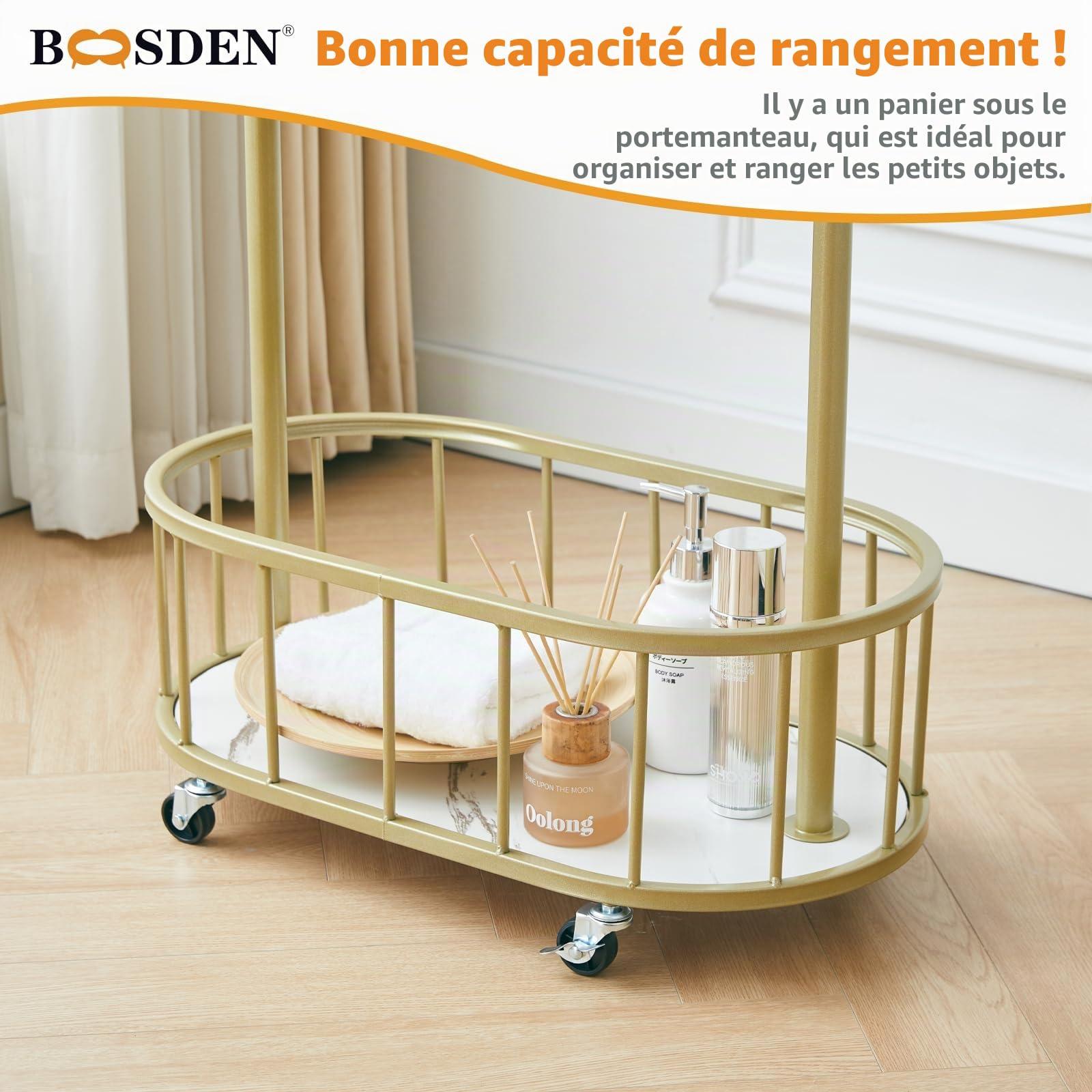 BOOSDEN Porte Vetements pour Chambre, Métal, Doré | pour le Salon, le Couloir, la Chambre, le Bureau, Porte-Vêtements Mobile avec 4 Crochets, 61x33.3x172cm, doré