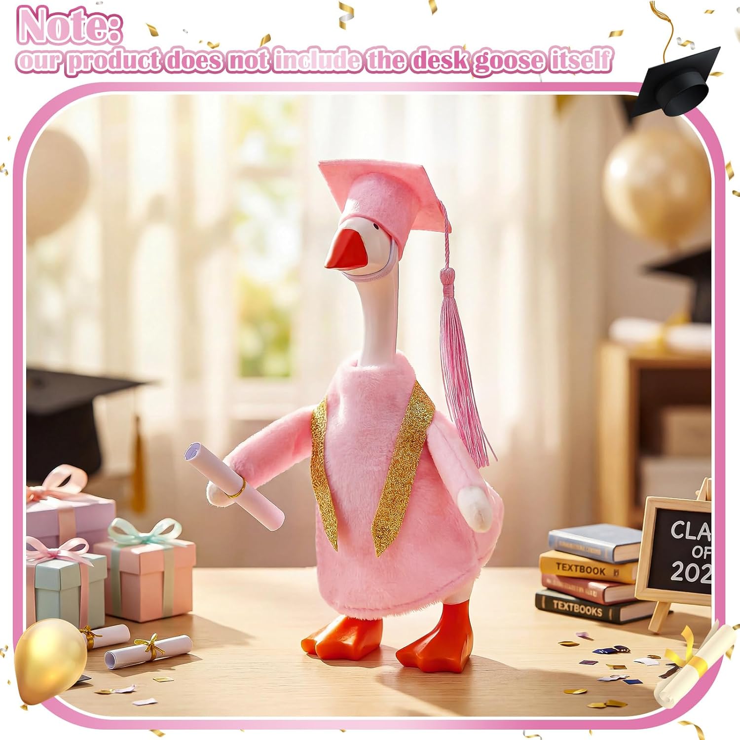 Graduation Mini Desk Goose Outfits 7 Inch Magnetic Goose Statue Key Holder Desktop Decor Gift with Graduation Cap and Gown Stoles for Home Classroom Office Desk Table Decor(Pink)