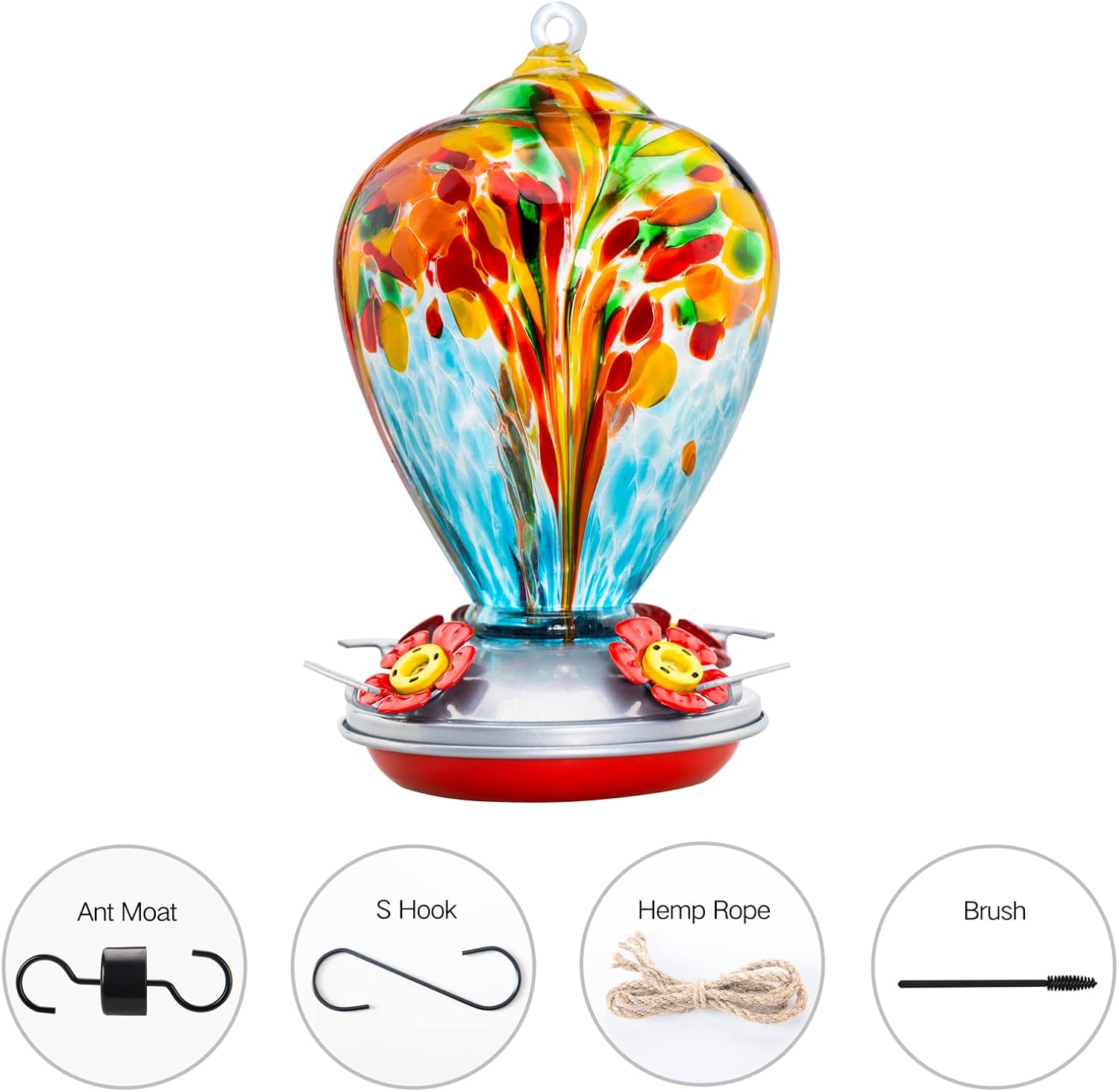 Hummingbird Feeder, 34OZ Hand Blown Glass Hummingbird Feeders for Outdoors Hanging, 4 Feeding Perch with Ant Moat Leakproof, Garden Yard Decor Gifts for Women Mom (Holiday Balloon)