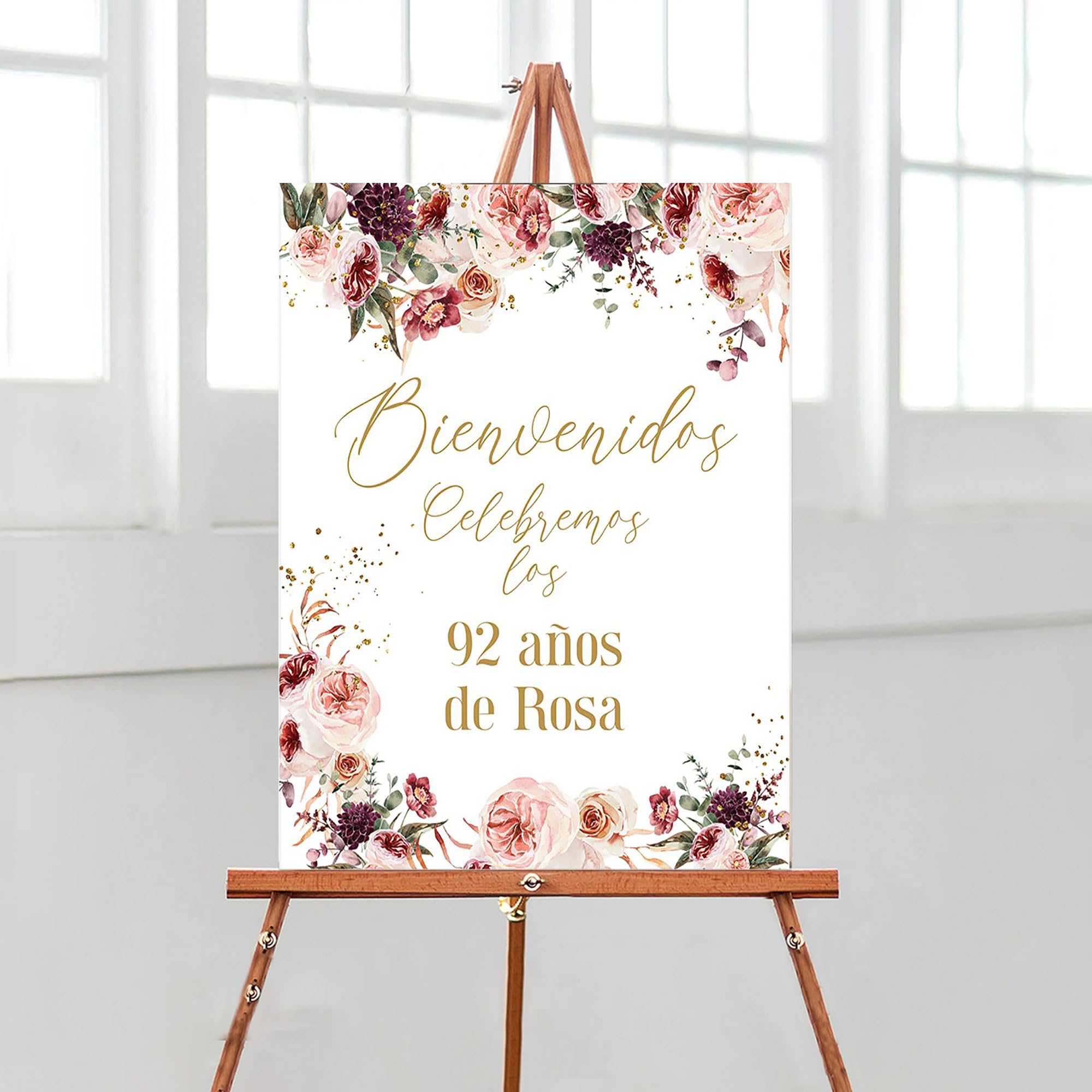 HAQCO Fall Birthday Sign Spanish Welcome Party Poster Decoration Custom Ladies 50Th 60Th 70Th 80Th Blush Red Floral