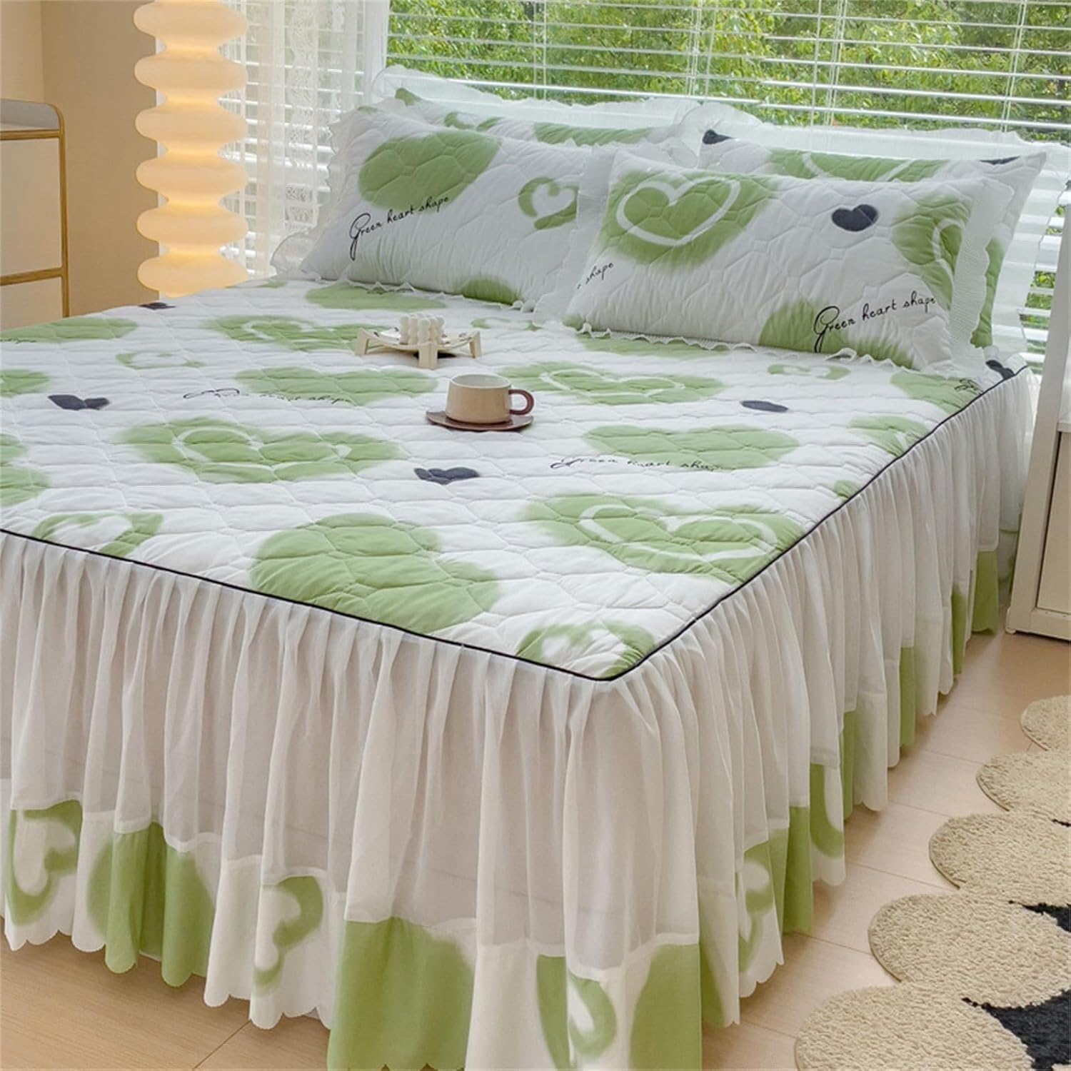 Fitted Bed Skirt Sheets Quilted Bed Skirt with Fitted Sheet Ruffled Bed Sheets Deep Hem(Floral,180x200cm)