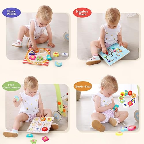 Miniatura 5 de Andador de madera para bebés, andador de empuje para bebés de 1 a 3, carrito de compras para niñas y niños, clasificando formas de comestibles,