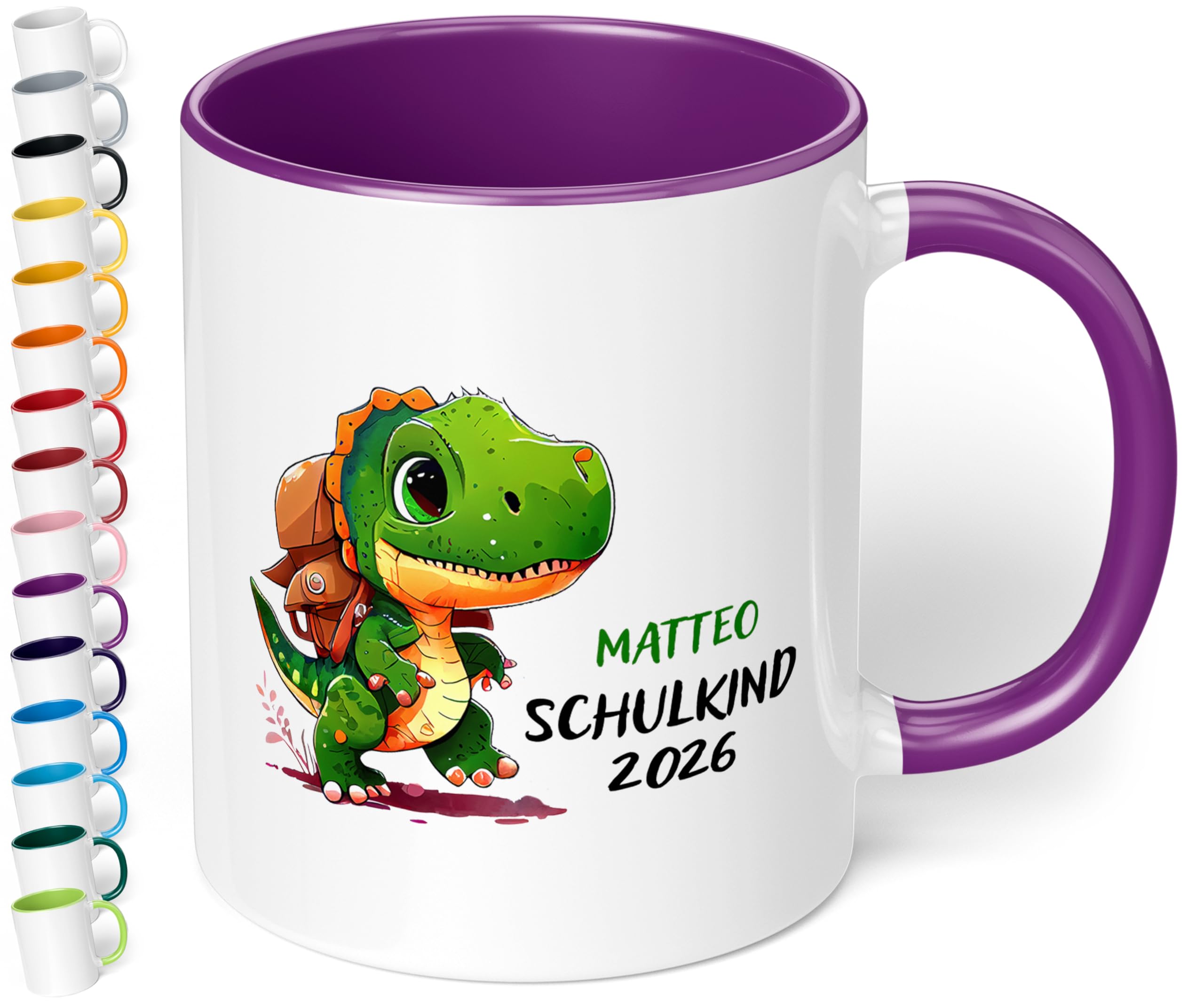 Geschenk zur Einschulung für Jungen: T-Rex Kinder-Tasse „Schulkind 2026“ - mit DINO-Motiv - personalisiert mit Namen Erstklässler - kleines Geschenk für Schüler 1. Klasse, Violett