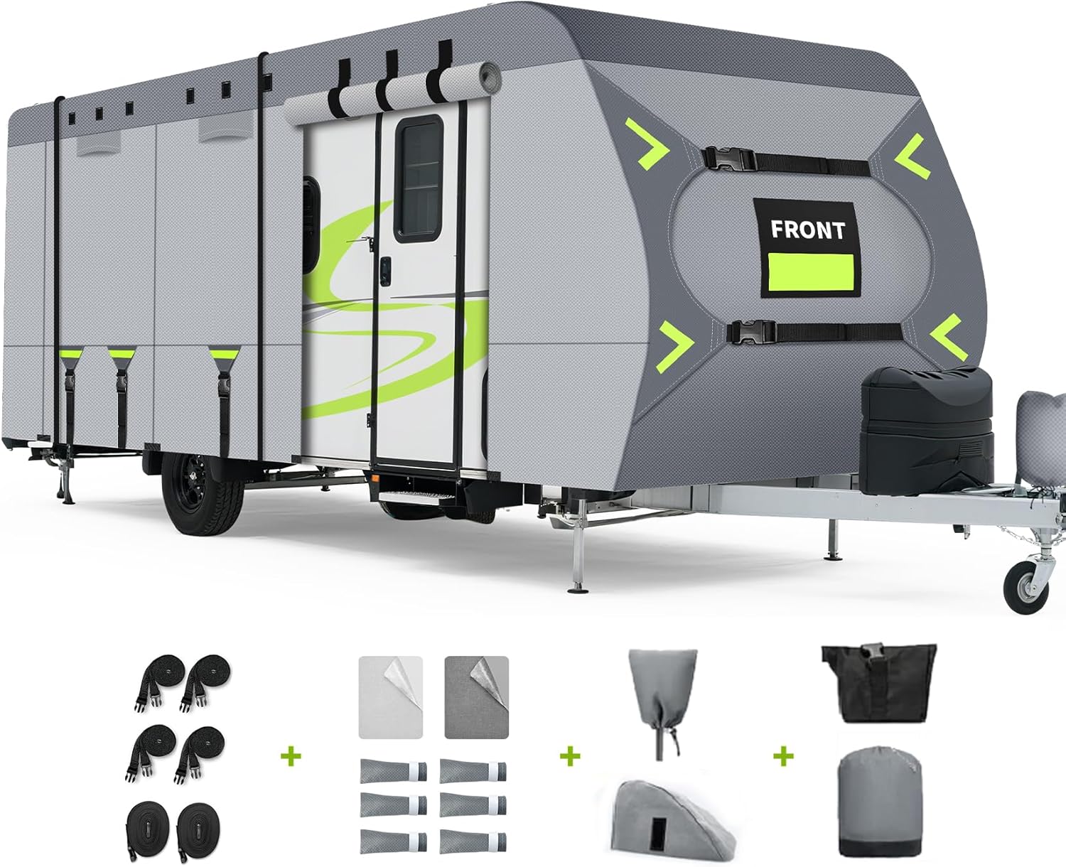 Heavy Duty 8 Layers RV Cover 14-16ft, Rip-Stop Motorhome Camper Cover with Windproof Straps, Gutter & Tongue Jack Covers, Utility Travel Trailer Cover for All Weather Protection 14-16 FT