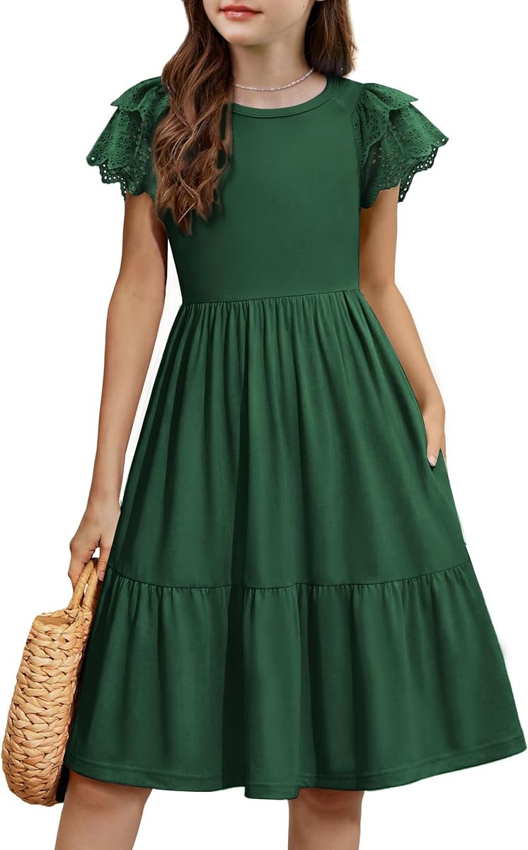 Vestidos de verano para niñas Vestido midi casual con mangas aleteadas y bolsillos