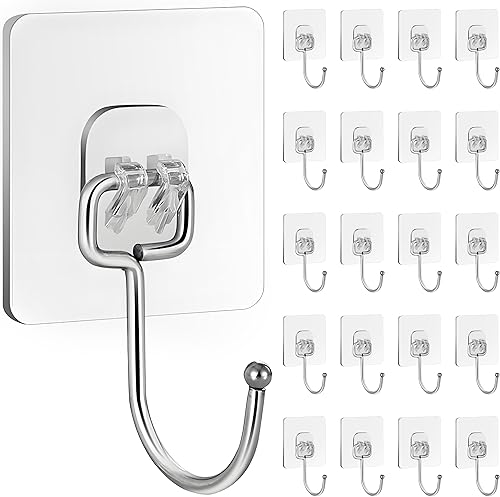 20 Pack Large Sticky Hooks for Hanging Heavy Duty, Wall Hooks Adhesive, Clear self Adhesive Hooks for Wall, Kitchen, Bathroom, Shower & Ceiling 20