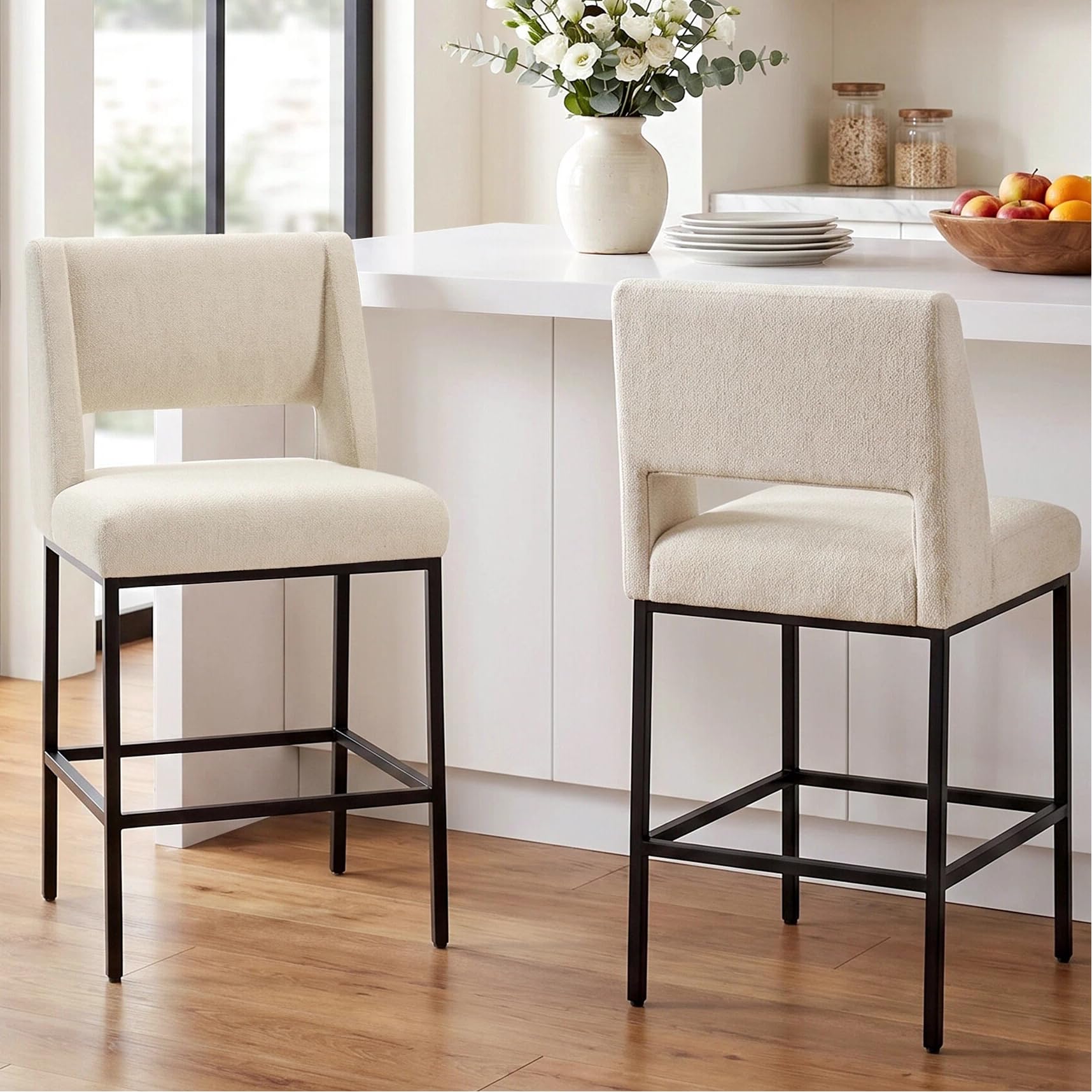 Zesthouse Upholstered Counter Height Stools Set of 2, Linen Fabric Bar Stools with Backs, 26" Modern Counter Height Chairs for Kitchen Island, Luxury Metal Barstools with Extra Thick Cushion, Beige