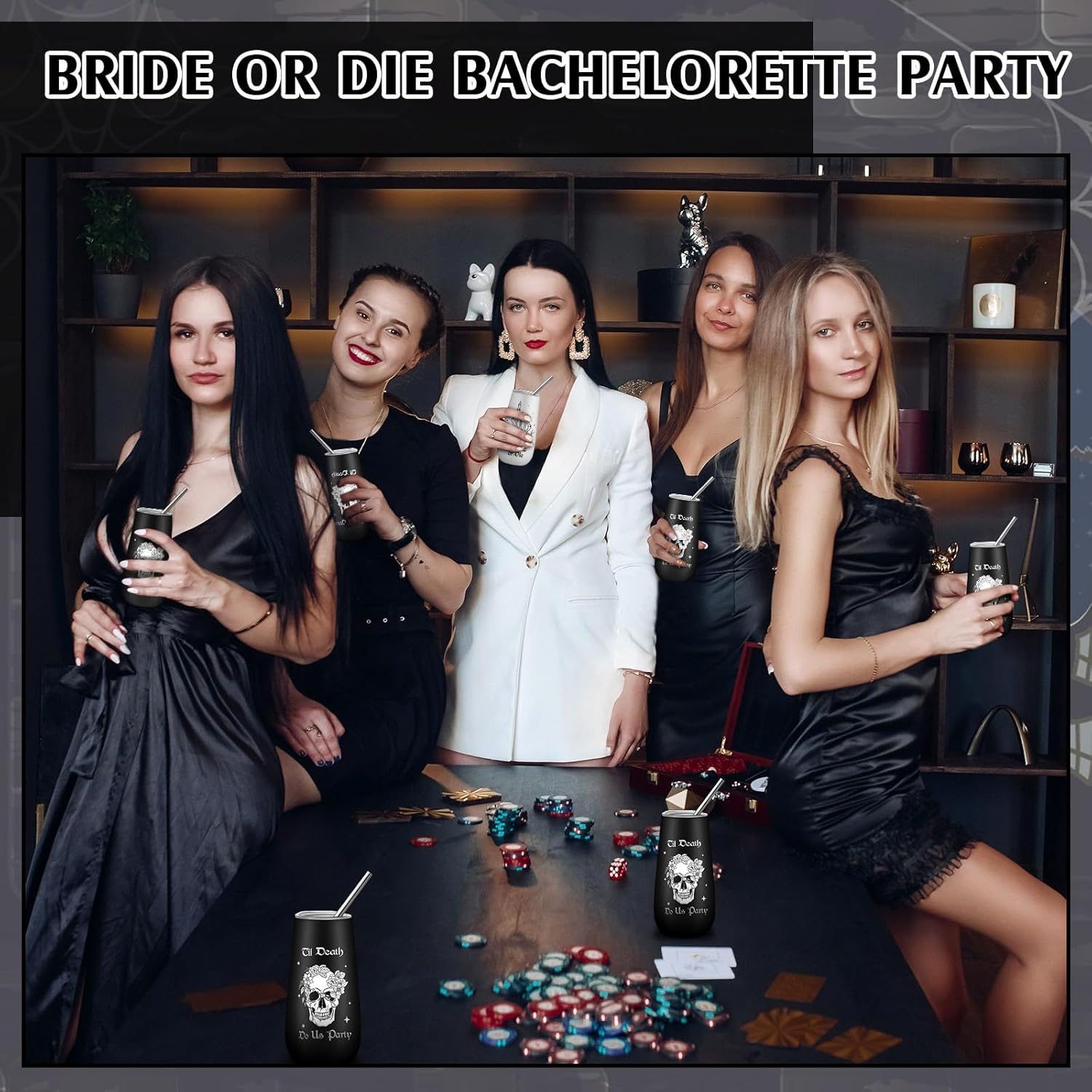 Tessco 8 Pcs Black White Bridesmaid Tumblers with Lid and Straw Wedding Bride or Die Til Death Do Us Party Bridal Insulated Stainless Steel Cup for Halloween Bridal Shower Gifts Supplies(6 oz)