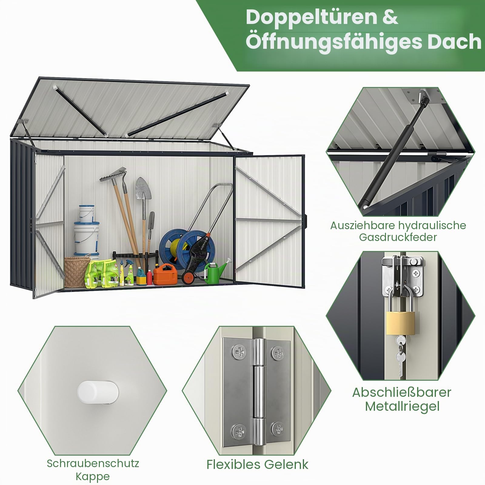 HOMASIS Mülltonnenbox für 2 x 120 L Mülltonnen, 1,9 m³ Gerätehaus Metall, wetterfest Geräteschuppen mit Doppeltür & Klappdeckel, abschließbar Gartenbox Müllbox dunkelgrau, inkl. 2 Handschuhen, Grau