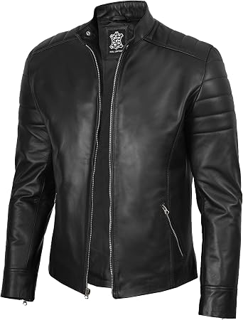 fjackets Cafe Racer Mens Leather Jacket 100% Real Lambskin Leather Jacket Men Moto Style