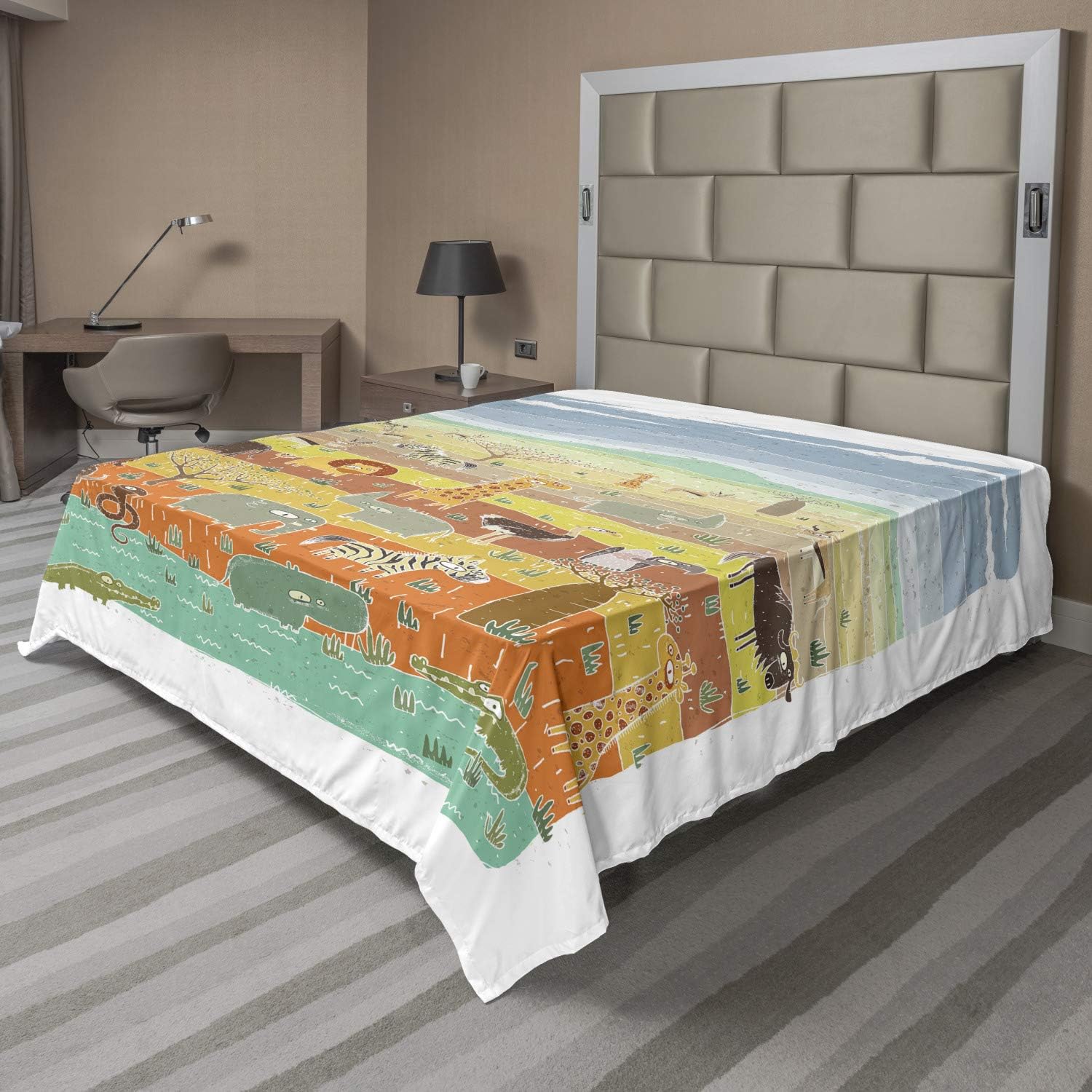 Ambesonne Cartoon Flat Sheet, Savannah with Doodle Animals Snake Giraffe Lion Boar Zebra and Crocodile, Soft Comfortable Top Sheet Decorative Bedding 1 Piece, Queen Size, Multicolor