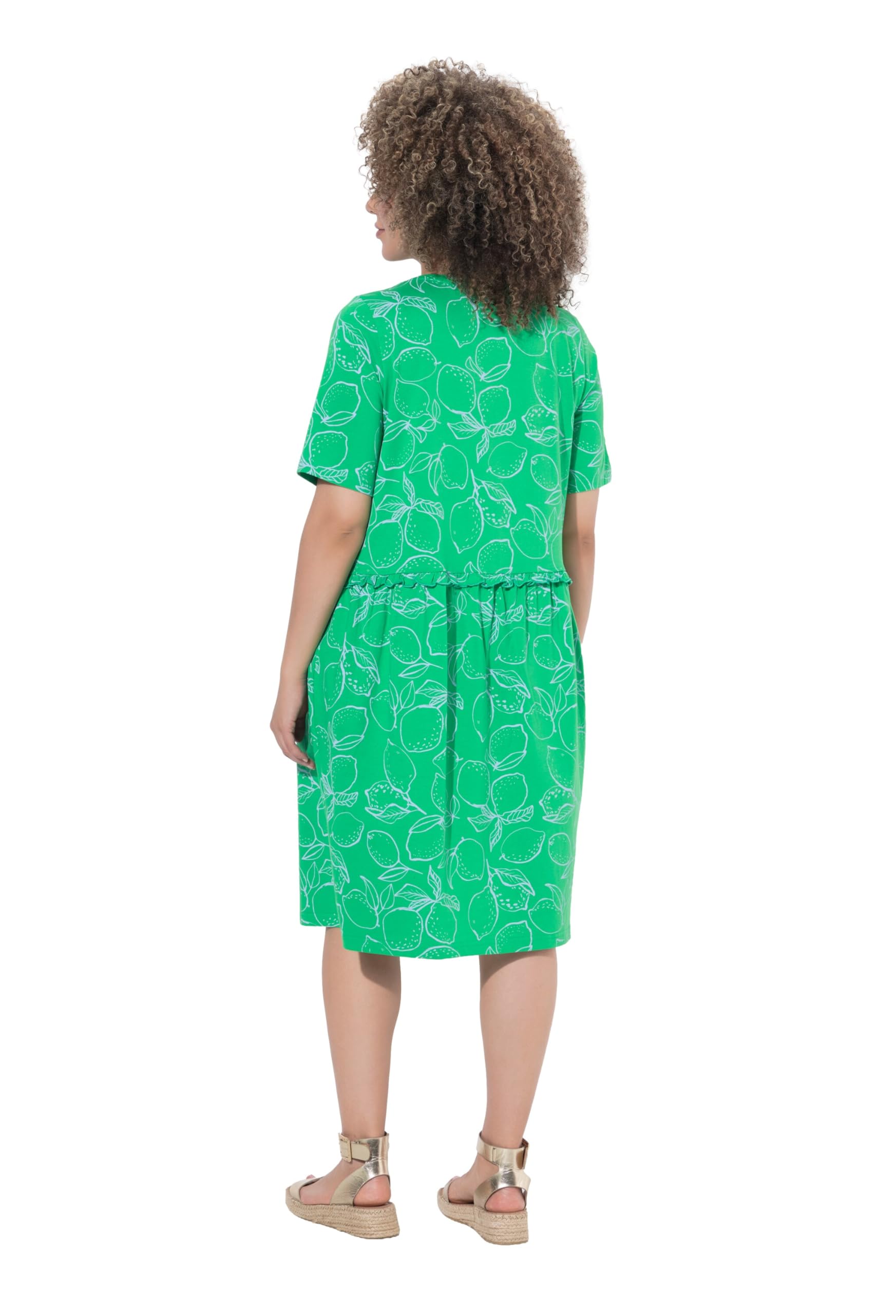 Ulla Popken Damen große Größen Übergrößen Plus Size Jerseykleid, Zitronen, Rüschen, V-Ausschnitt, Halbarm 850204