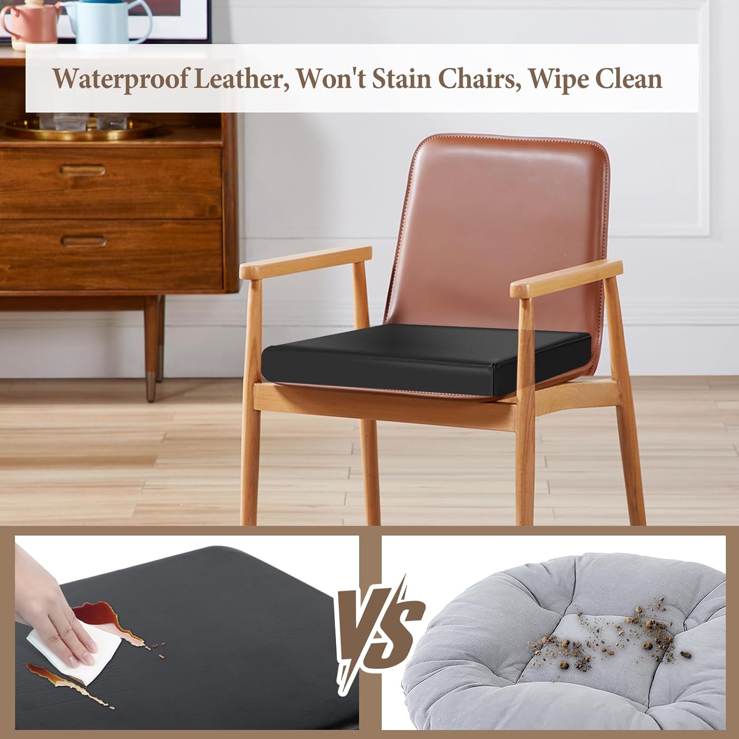 FUANGUI Recliner Cushions for Elderly, Waterproof PU Leather Seat Cushion, 20X20X3 Inch Foam Curved Edge Large Square Chair Cushion for Armchair, Office Chair, Pain Pressure Relief - Black