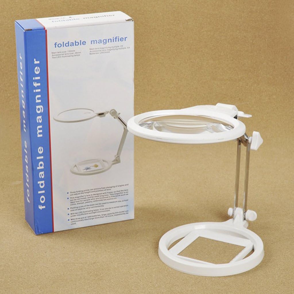 Magnifying Glass,Magnifier Glasses Headband Magnifier Jewelers Loupe Portable Folding 2 LED Lighted 2X 6X Magnifier Desktop Lamp Illuminated Magnifying Glass Mirror Magnifying Lens Loupes Xmas Gifts
