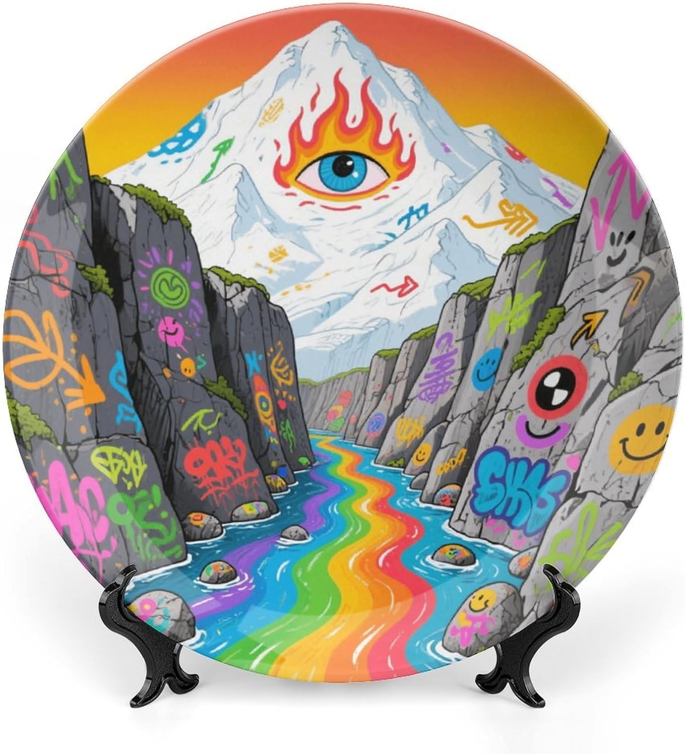 Bone China Decorative Plates Graffiti Snow Mountain Valley Ceramic Decorative Plate Wall Decor with Display Stand Ceramic Ornaments for Wall Hanging Decoration