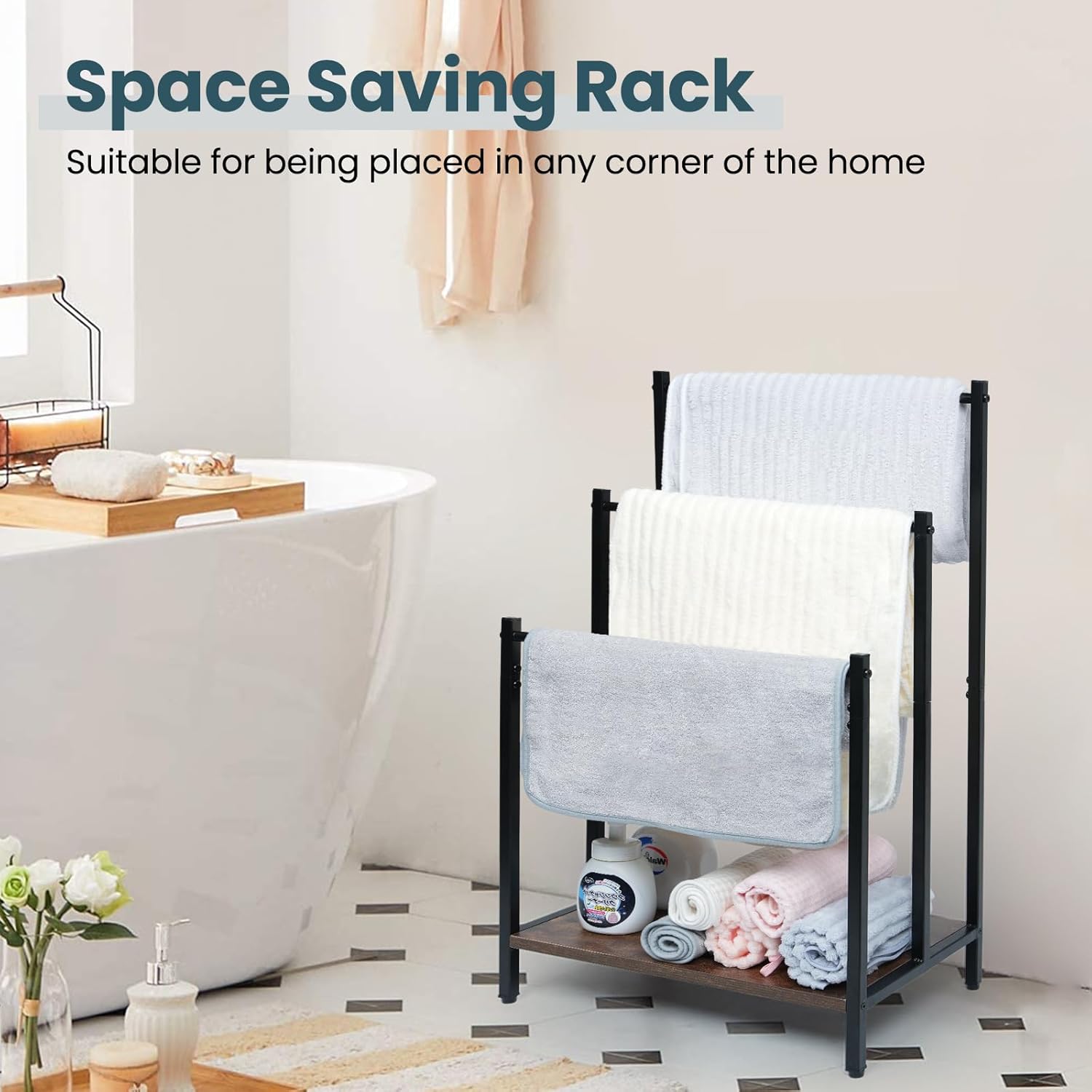 Towel Rails Blanket Storage for Living Room, Drying and Display Rack with Shelf, Freestanding Towel Holder for Bath Storage, Hand Towels, Outdoor Pool Towel