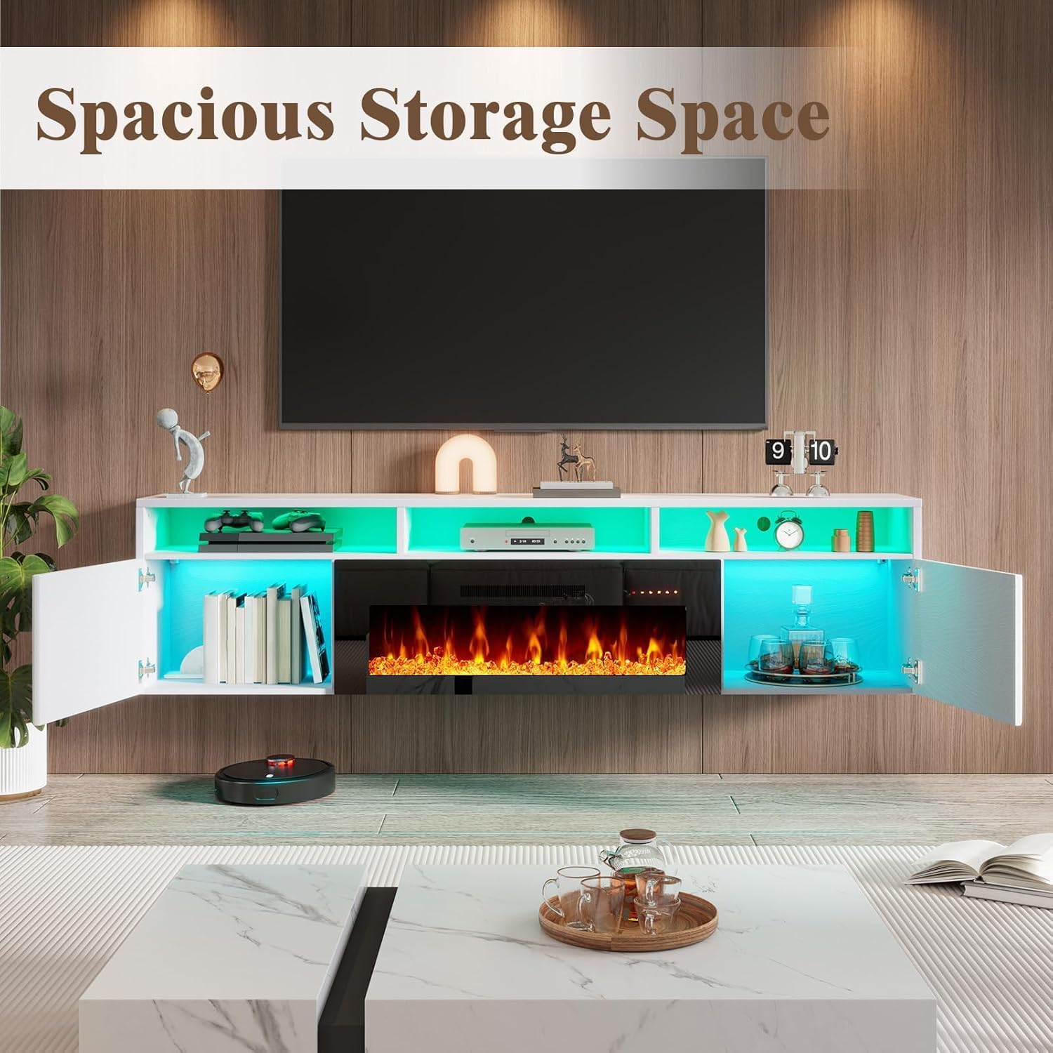 LUXOAK Floating TV Stand with 36" Electric Fireplace, 70 inch Wall Mounted Electric Fireplace Entertainment Center with Storage Space, TV Stand for Living Room for TVs Up to 80"