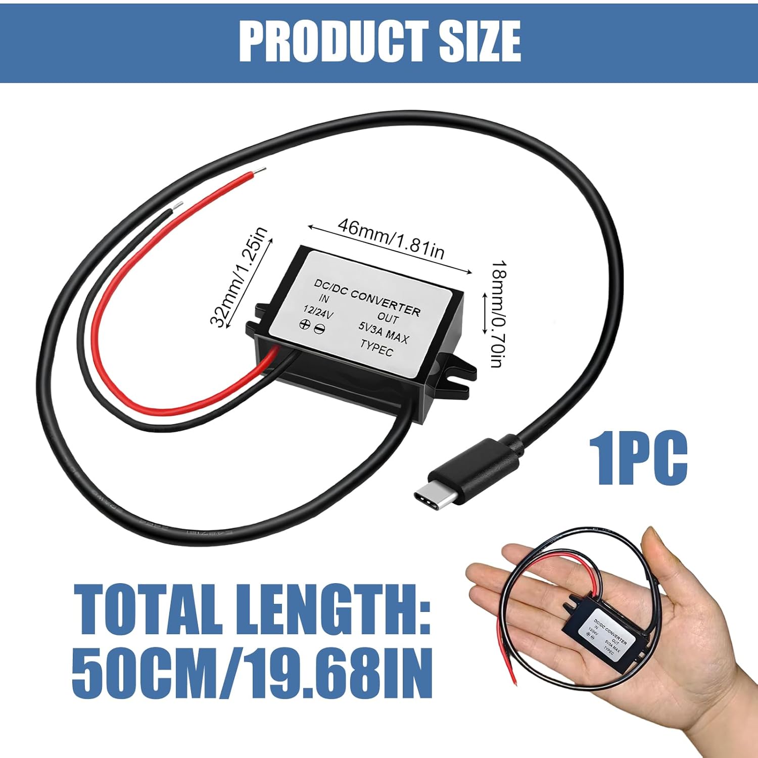 Car Power Converter DC 12V/24V to 5V 3A, Downstream Converter, USB Power Supply, Type-C Interface, DC Voltage Regulator for Car and Outdoor