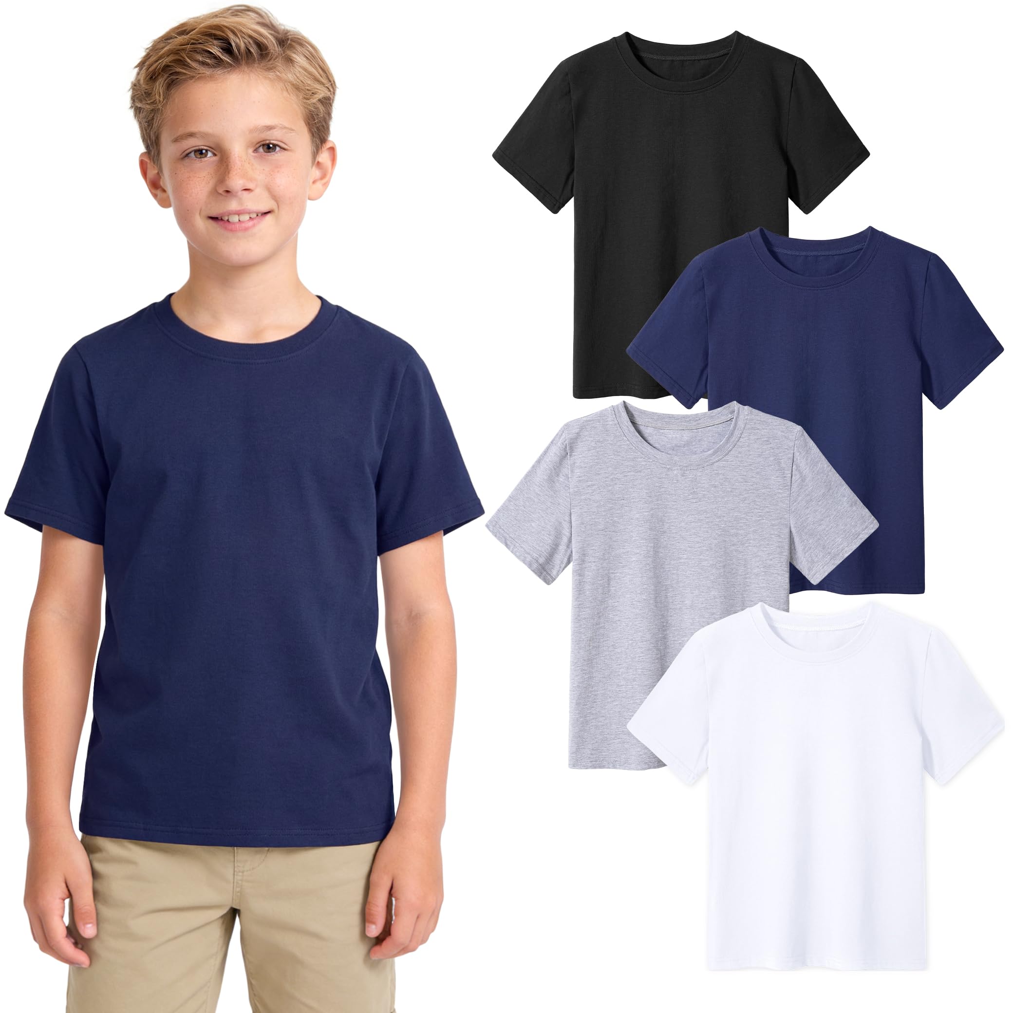 KEREDA Jungen T-Shirt 4er-Pack Kinder Kurzarm Rundhalsausschnitt Sommer Tops Basic Tshirts Einfarbige Casual Tees Sport Oberteile