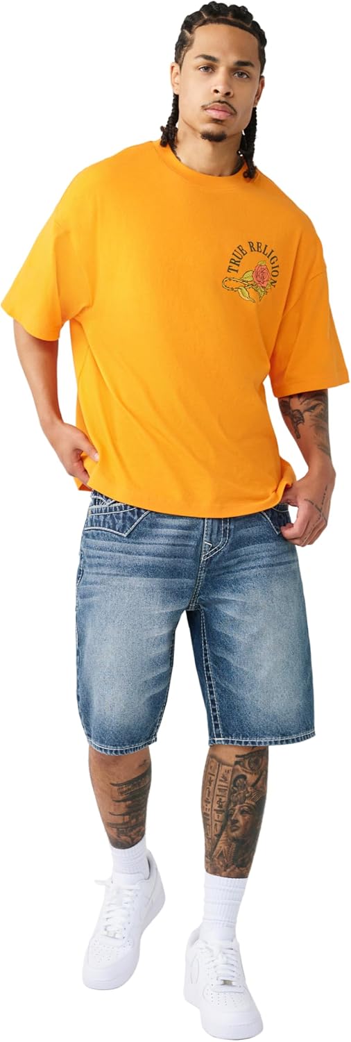 True Religion Men’s Bobby Big T Distressed Short – Distressed Hem, Big T Stitching, Horseshoe Detailing