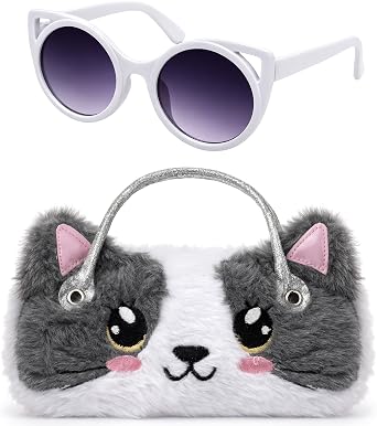 Kids Sunglasses with Girls Glasses Case, Plush Cat Eyeglass Case with Handle Girls Sunglasses UV Protection