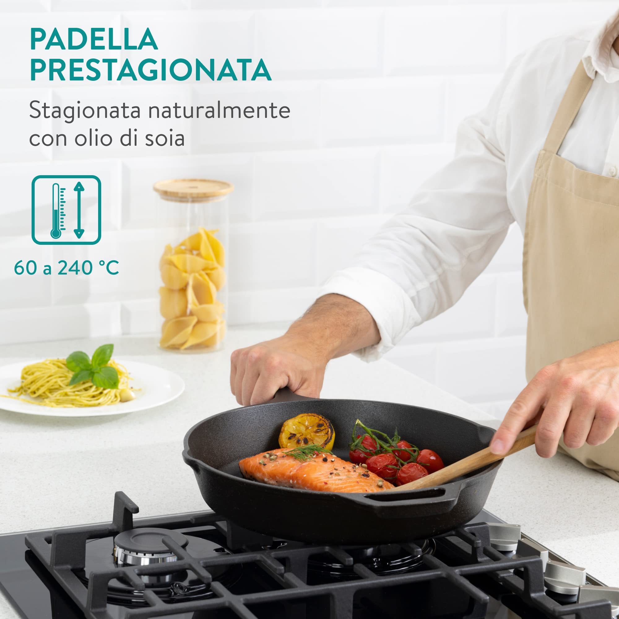 Navaris Padella in Ghisa Induzione - Cast Iron Pan per Gas Forno e BBQ - Bistecchiera Ghisa Ø 30 cm con Manico Laterale 13 cm - Piastra Pretrattata e Pronta all'Uso