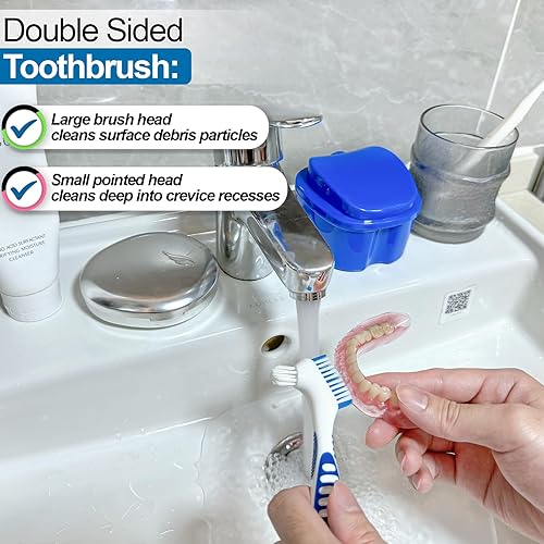 Miniatura 4 de Paquete de 2 cajas de baño para dentadura postiza con tapa y cesta de colador, estuche limpiador de retenedores, contenedor de dientes falsos