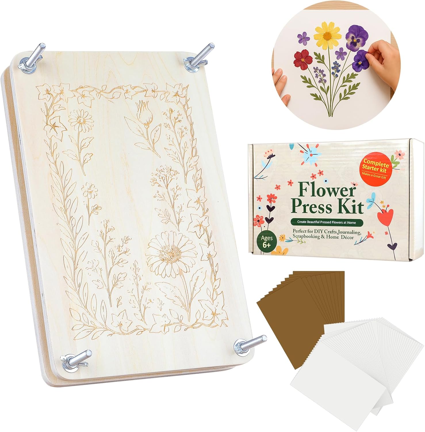 MeRGBWLife Large Flower Press Kit for Adults – 10.8"x6.9" Wooden 6-Layer Flower Press for Pressed Flowers, Herbs & Leaves, DIY Flower Preservation for Bookmarks, Weddings, and Craft Projects