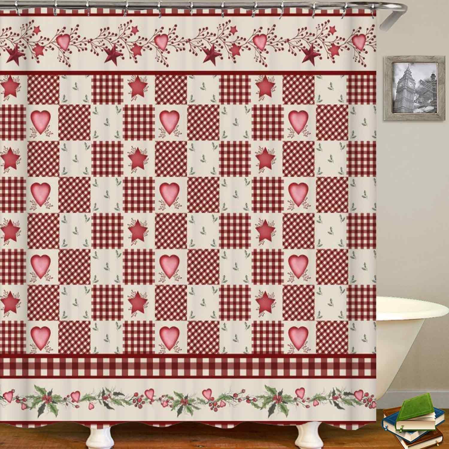 4PCS Valentine's Day Shower Curtain Sets with Rugs, Waterproof Fabric Shower Curtain, Patchwork Beige Red Plaid Love Heart Western Texas Star Primitive Berry Rustic Farmhouse Bathroom Decor