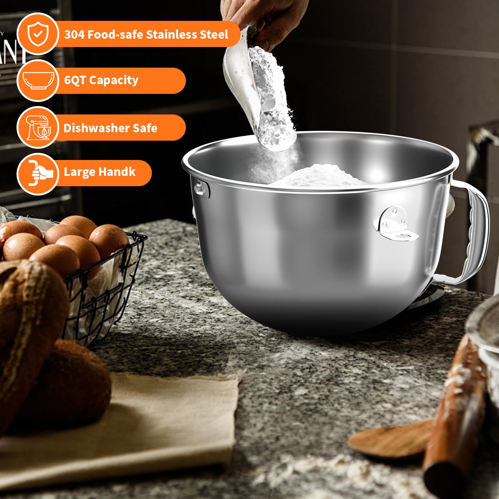 Cuenco mezclador de acero inoxidable para tazón mezclador Kitchenaid, cuencos para mezclar Kitchenaid para batidora de 6 cuartos con asa, apto para lavavajillas