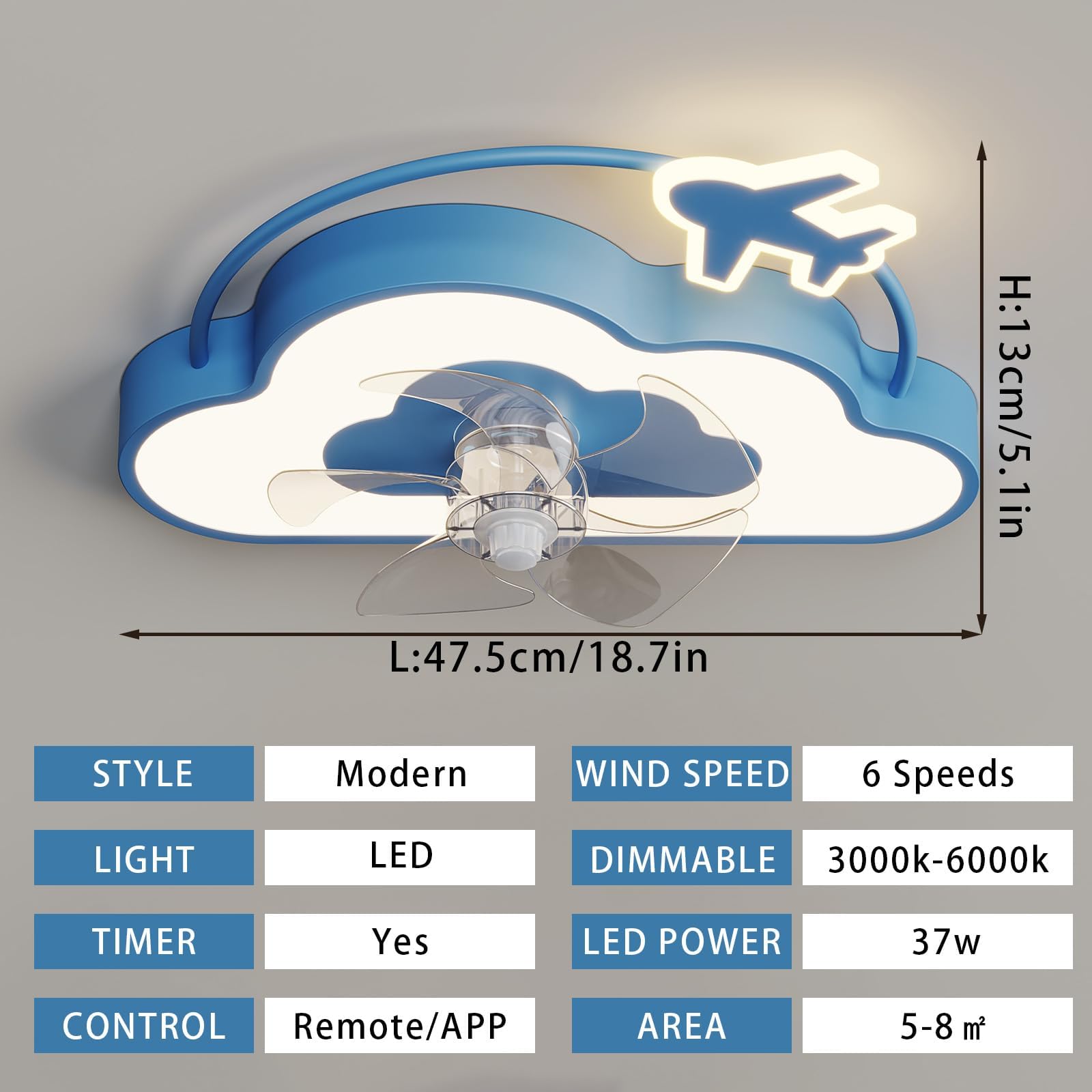Wentylator sufitowy LED Light， Dziecięcy wentylator sufitowy z lampą w kształcie gwiazdy, ściemnialny, sterowanie za pomocą pilota, 6-biegowy timer, niebieski, 18,7 cala