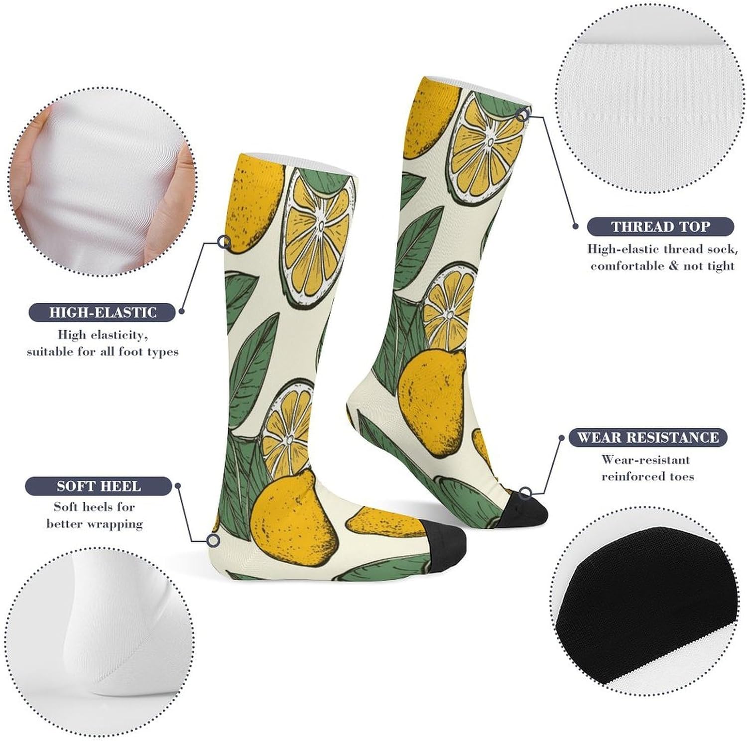Lemon Fruit Pattern Compression Sock Circulation Support Socks Lightweight Knee High Tube Sock Over-The-Calf Sock for Adult
